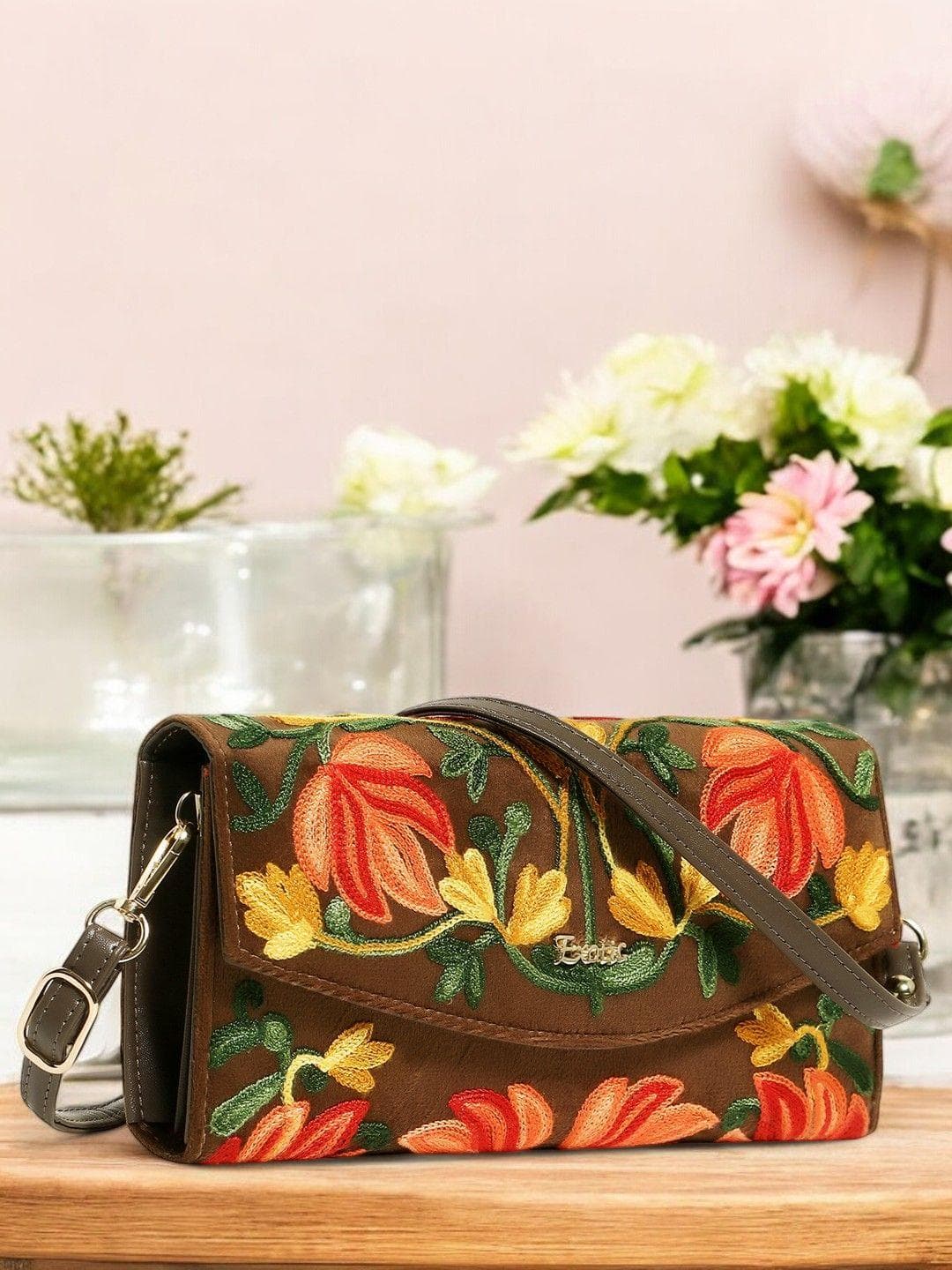 Exotic Brown Embroidered Pu Envelope Clutch