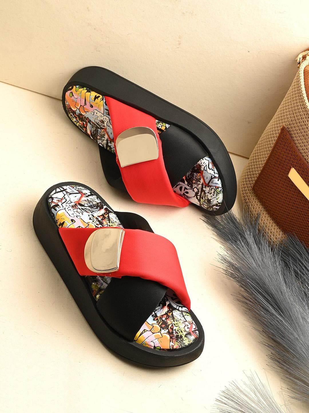 knoos Printed Colourblocked Flatform Heel Sandals