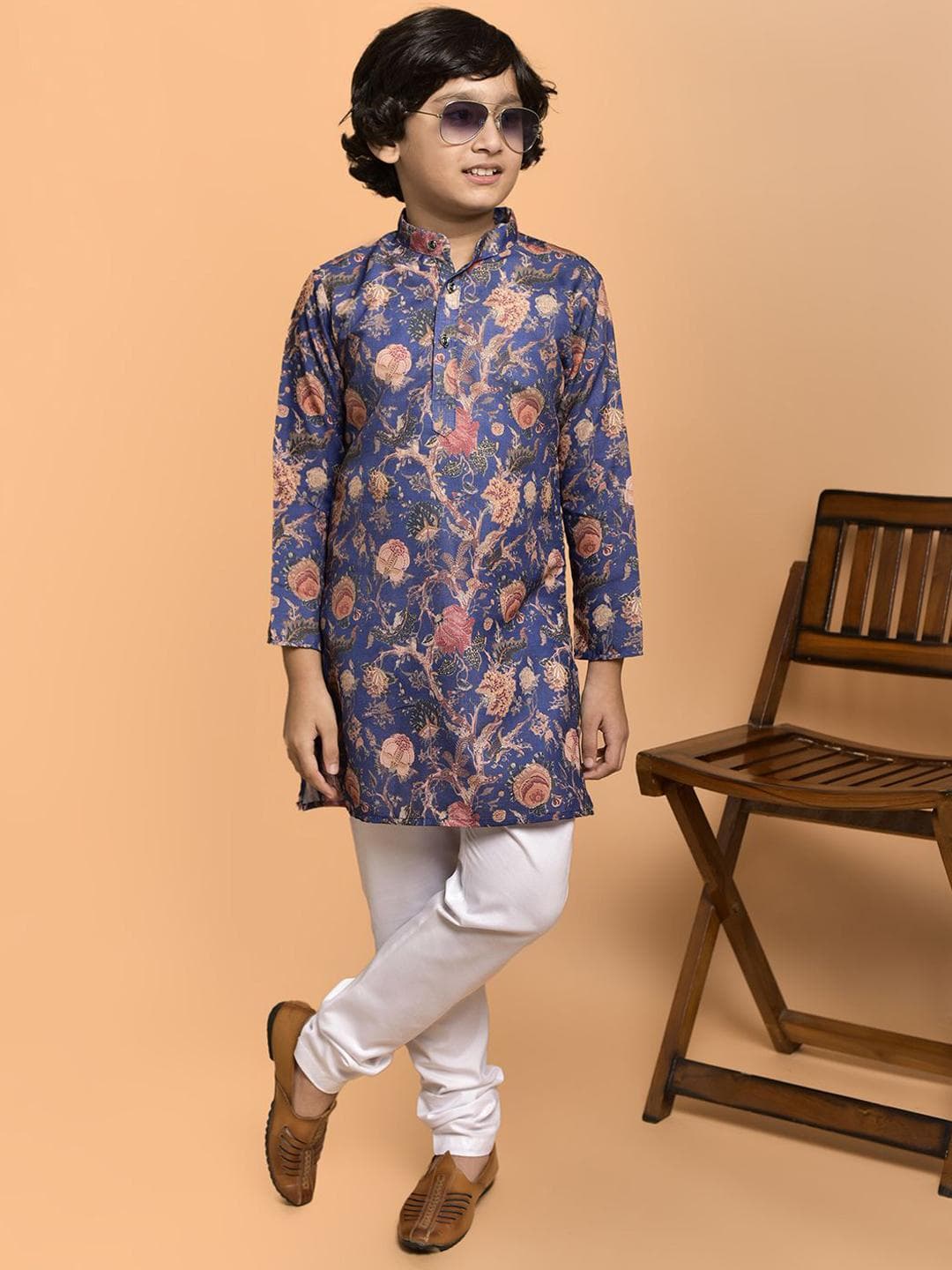 PRINTCULTR Boys Floral Printed Band Collar Cotton Straight Kurta