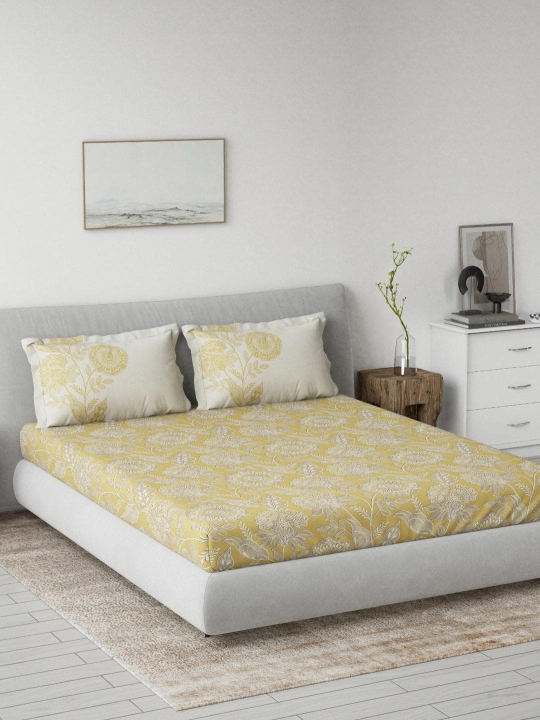 DDecor Blue Floral Cotton Breathable 145TC King Fitted Bedsheet with 2 Pillow Covers