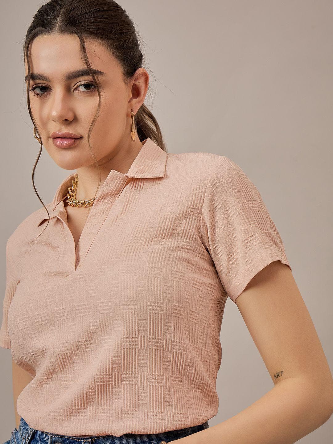 The Roadster Lifestyle Co. Women Self Design Polo Collar T-shirt