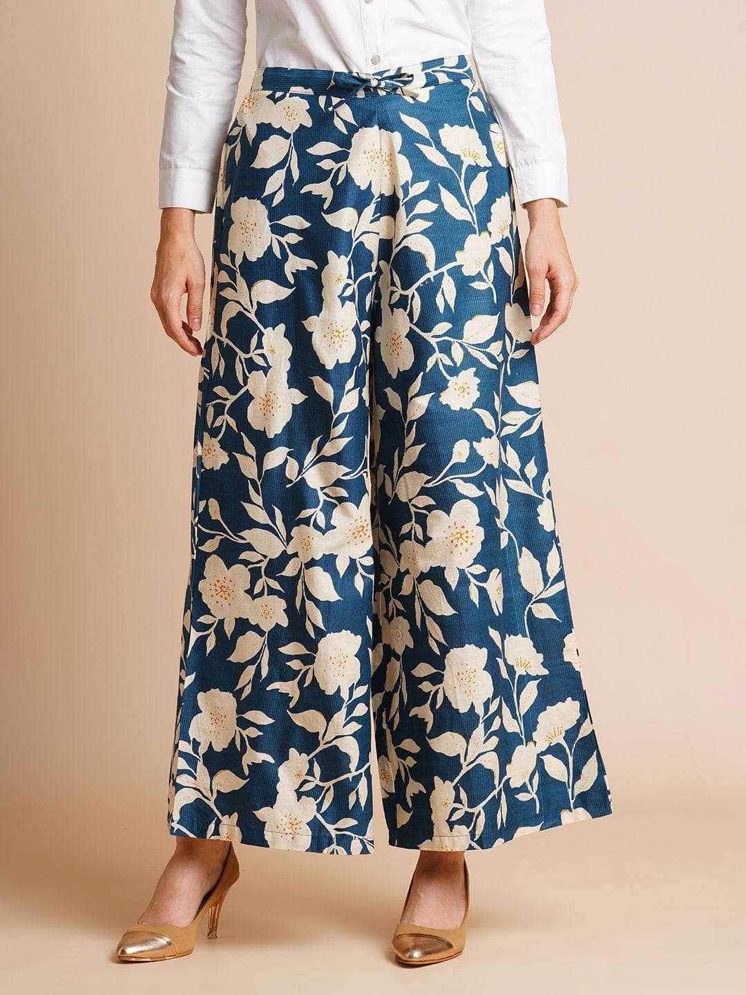 RATAN Women Cotton Printed Loose Fit Flared Wide Leg Palazzo Pants