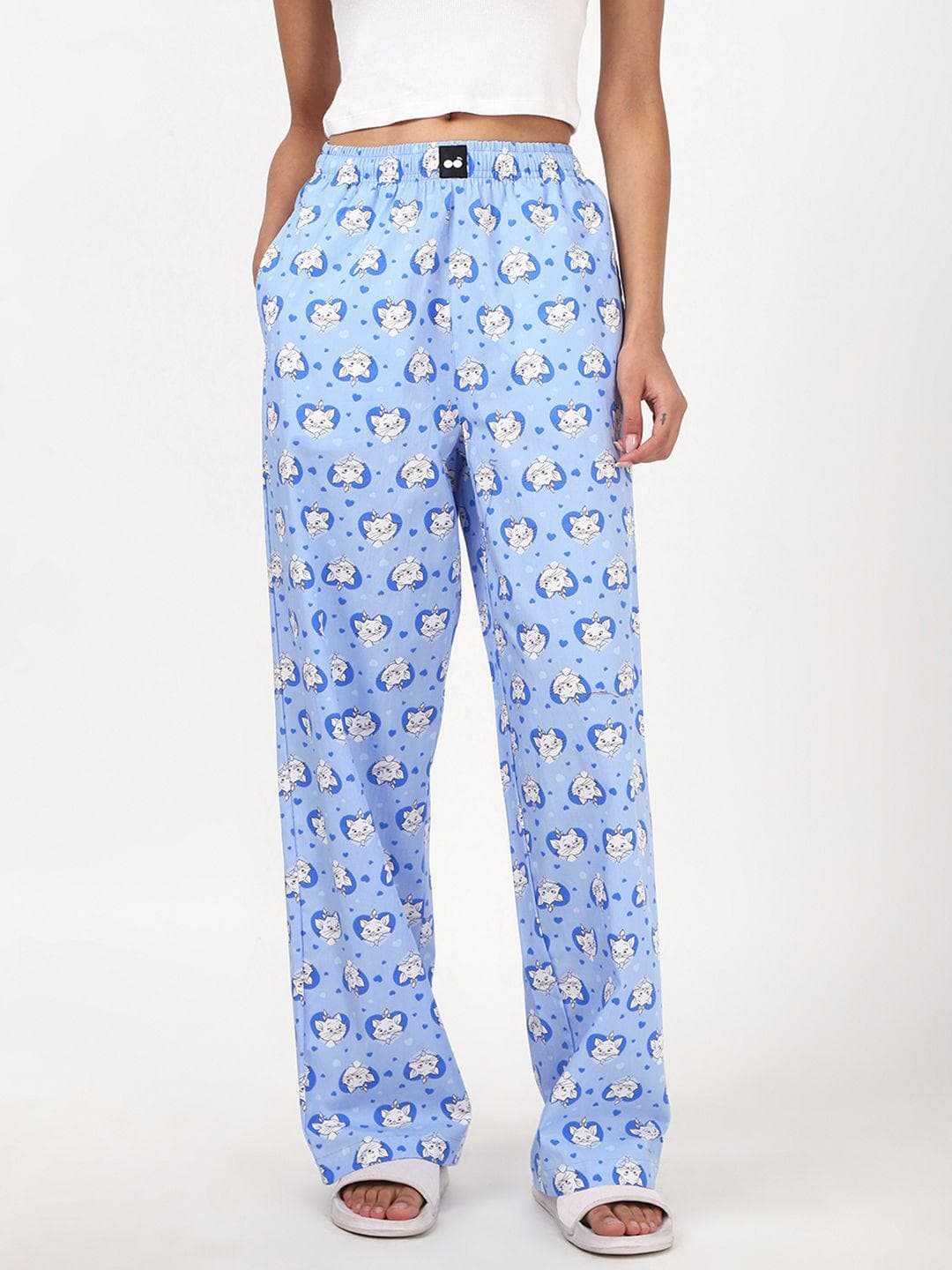 Bewakoof Official Disney Merchandise Marie Women Blue Printed Wide Leg Lounge Pants