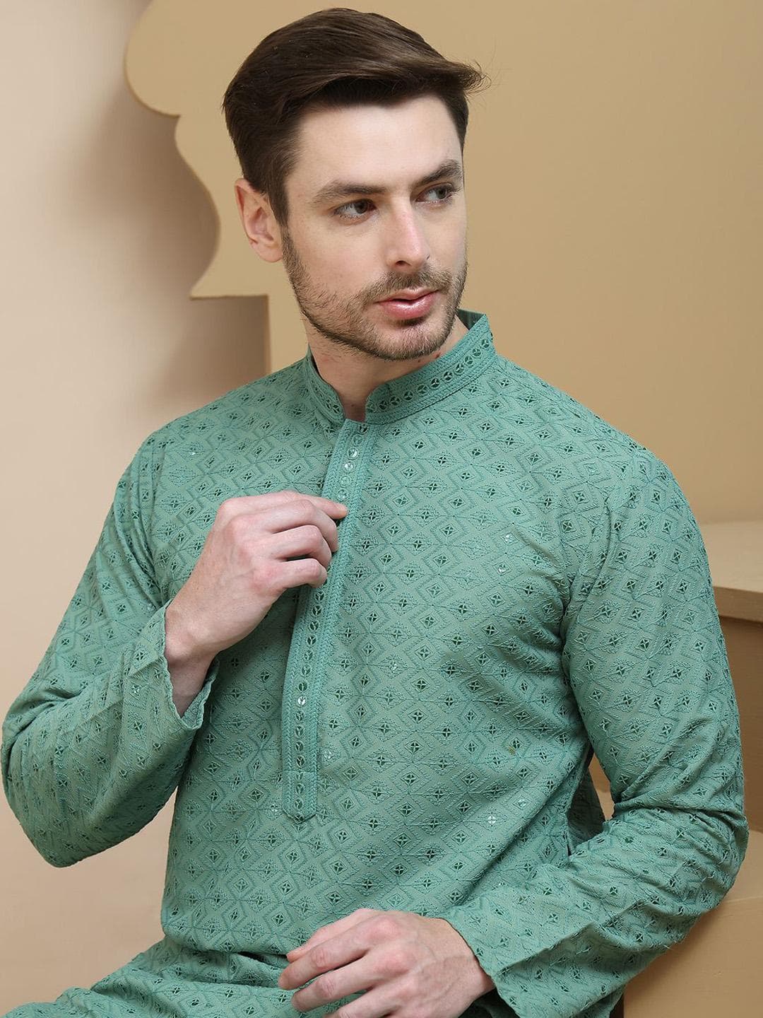 Jompers Geometric Embroidered Mandarin Collar Sequinned Straight Kurta With Pyjamas