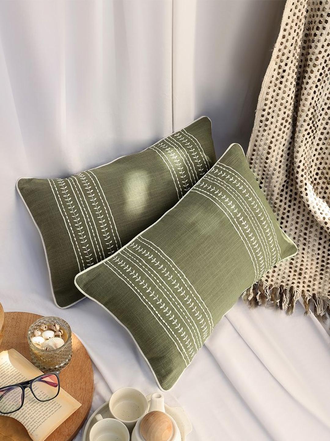 Buy ANWYN Olive Green Set Of 2 Embroidered Rectangle Cushion Covers - - Home for Unisex