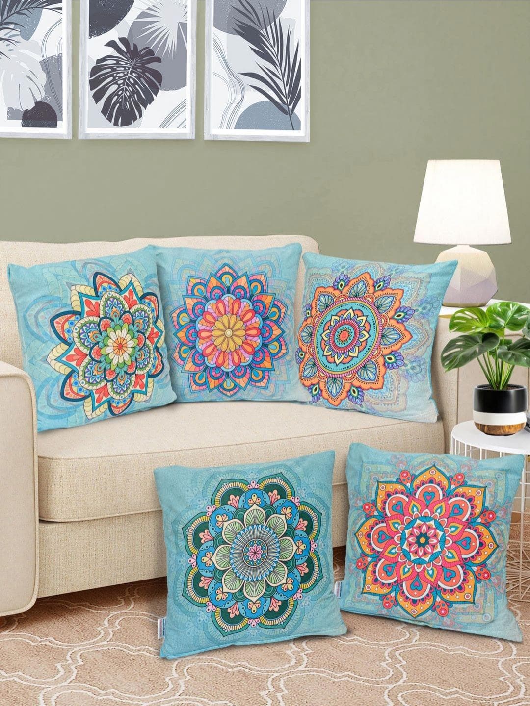 FABINALIV 5 Pcs Blue Ethnic Reversible Velvet Digital Printed Cushion Covers - 40X40 cm
