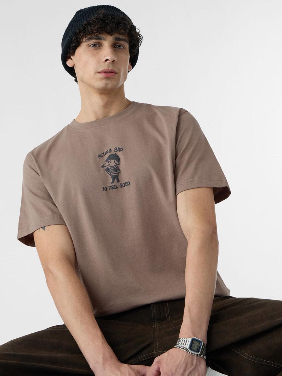 The Souled Store Men Relaxed Fit Printed Brown T-Shirts