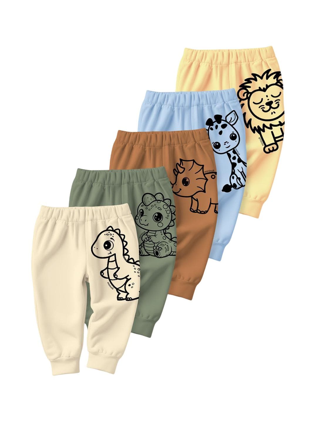 Minicult Infants Kids Pack Of 5 Dinosaur Printed Cotton Joggers