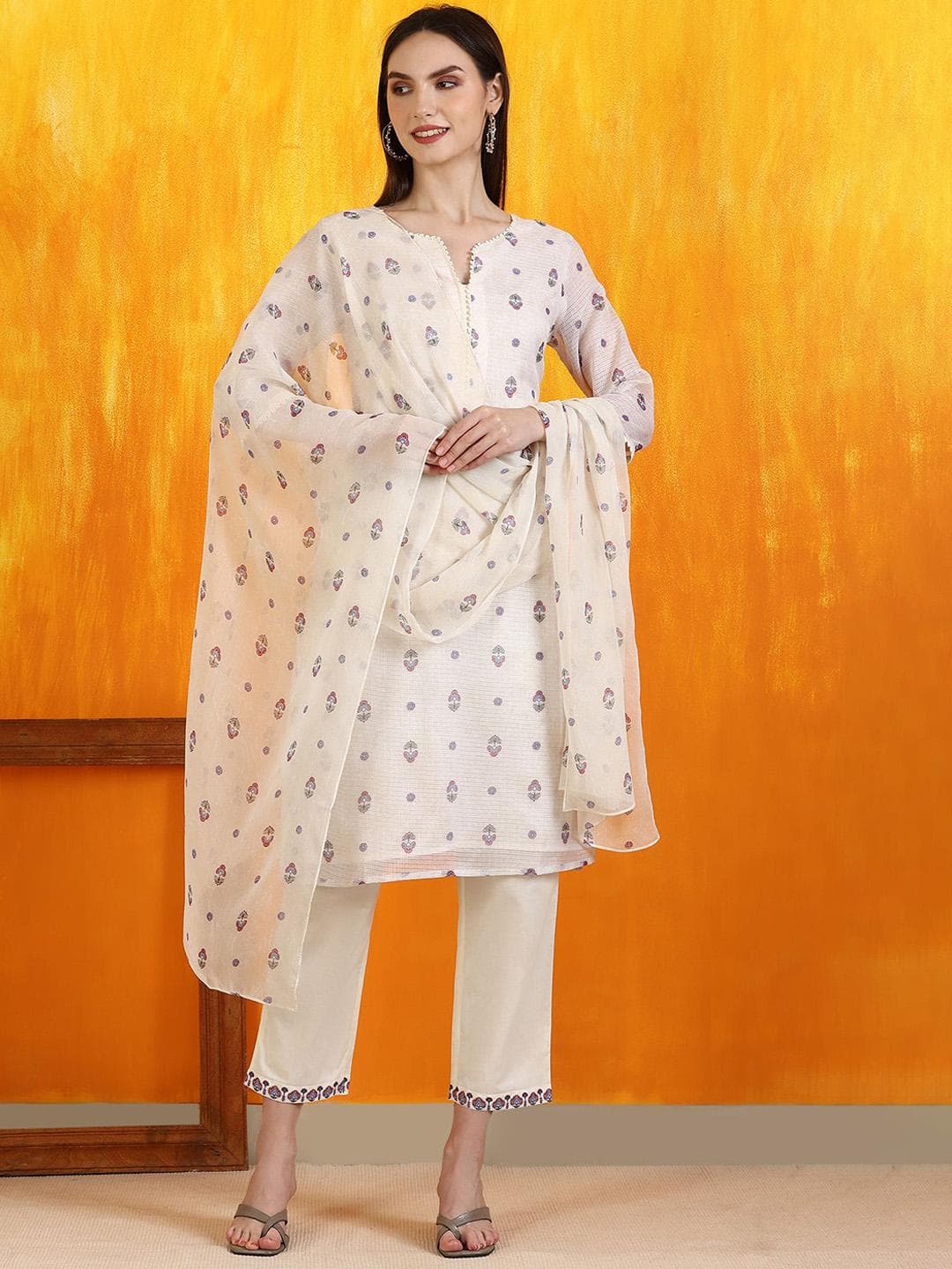 W Floral Printed Notch Neck Straight Kurta With Trousers & Dupatta