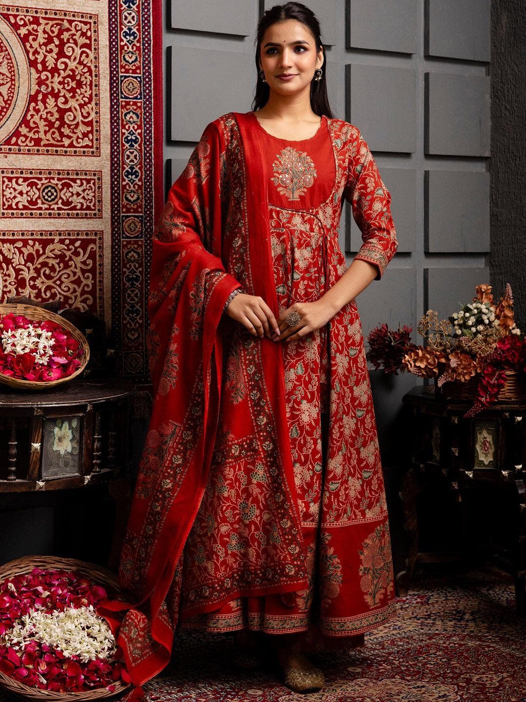 KIMAYRA Women Ethnic Motifs Printed Cotton Anarkali Kurta with Trousers & Dupatta