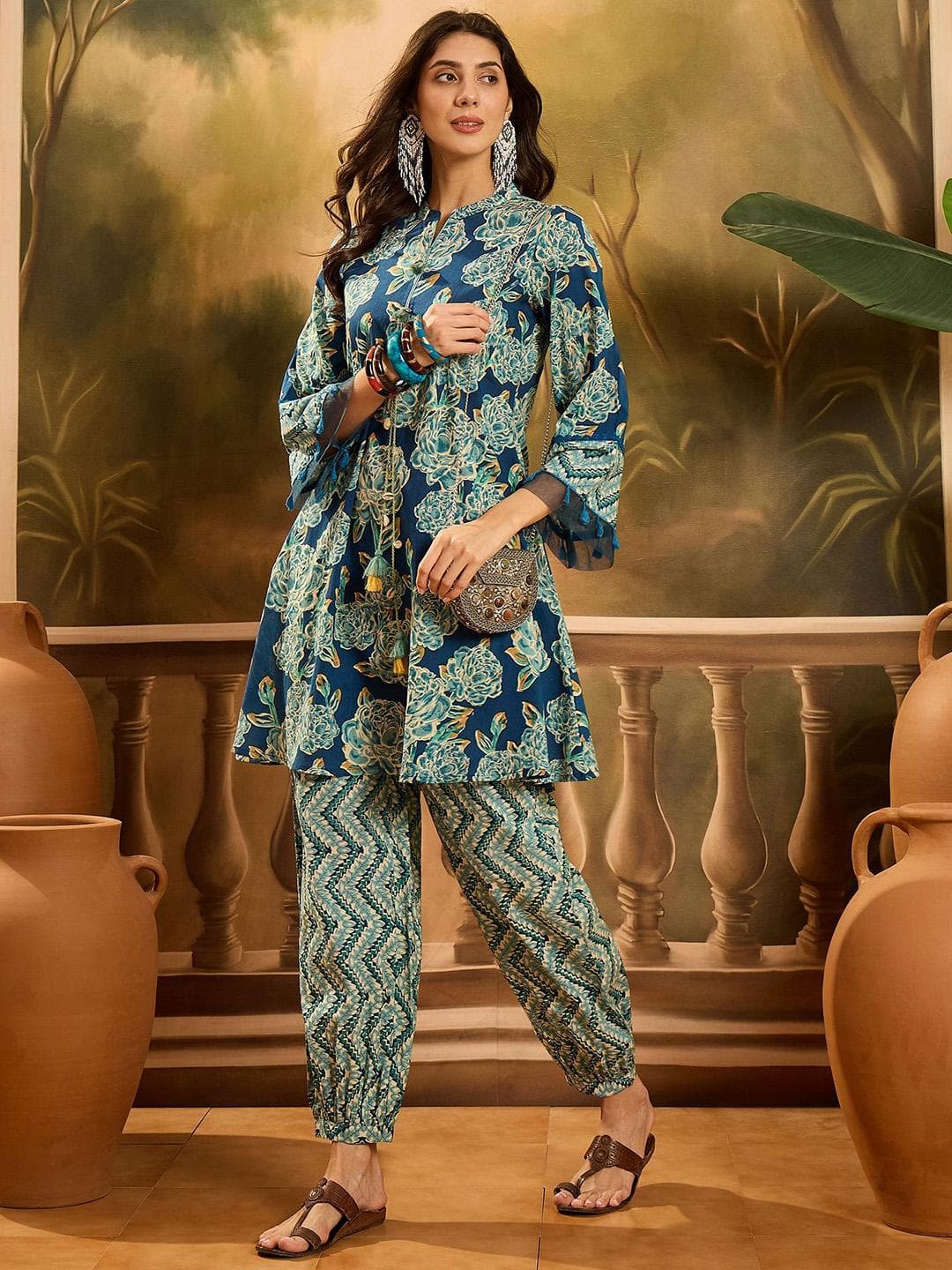 Buy Sangria Floral Printed Mandarin Collar Neck Tunic With Trousers Co Ords - - Apparel for Women