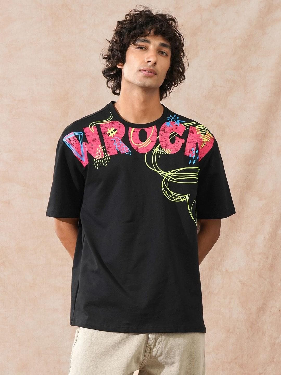 WROGN Printed Pure Cotton Short Sleeves Round Neck Oversized T-shirt