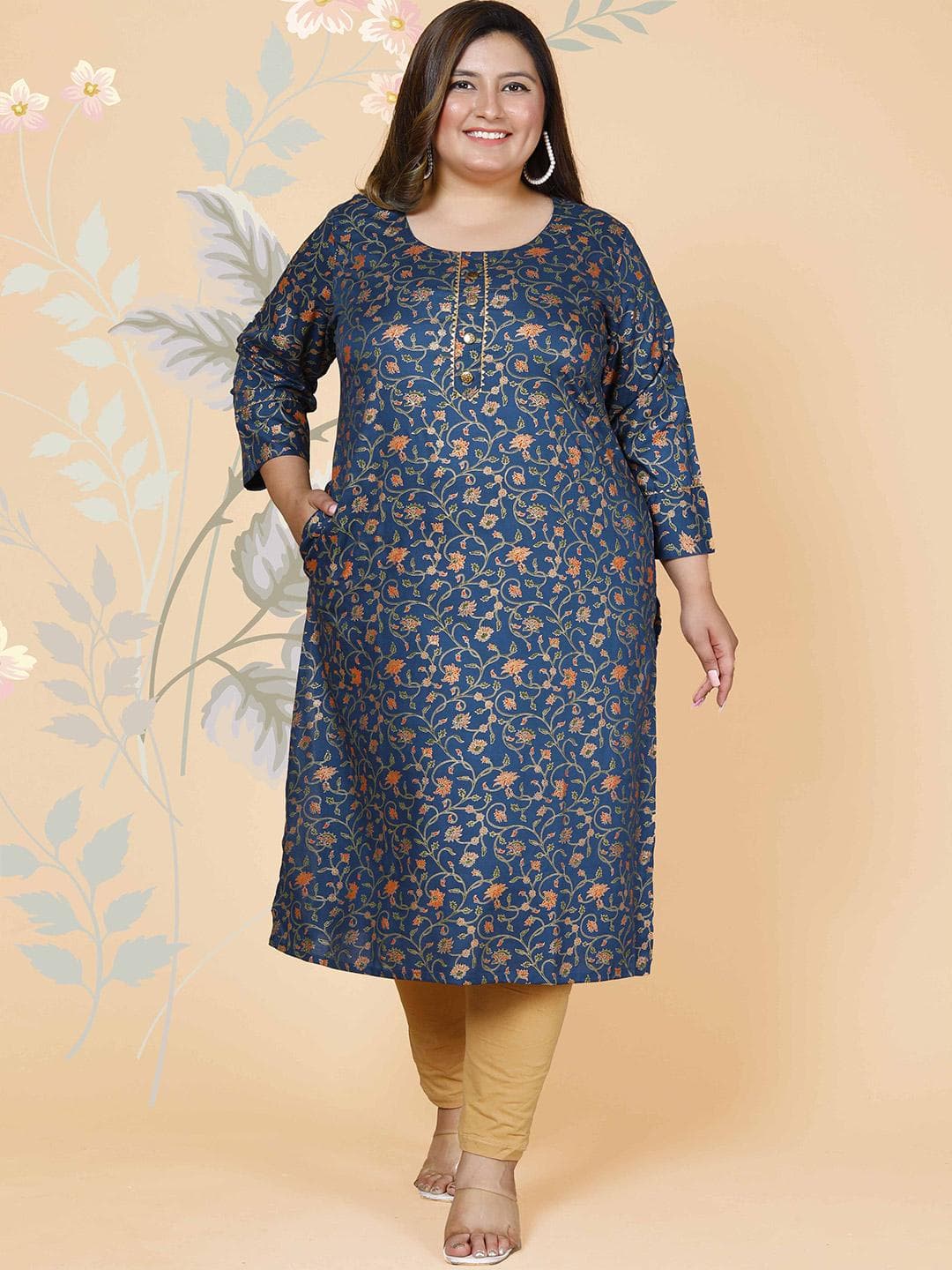 MEHKFAB Plus Size Floral Printed Round Neck Gotta Patti Straight Kurta With Tassel Detail
