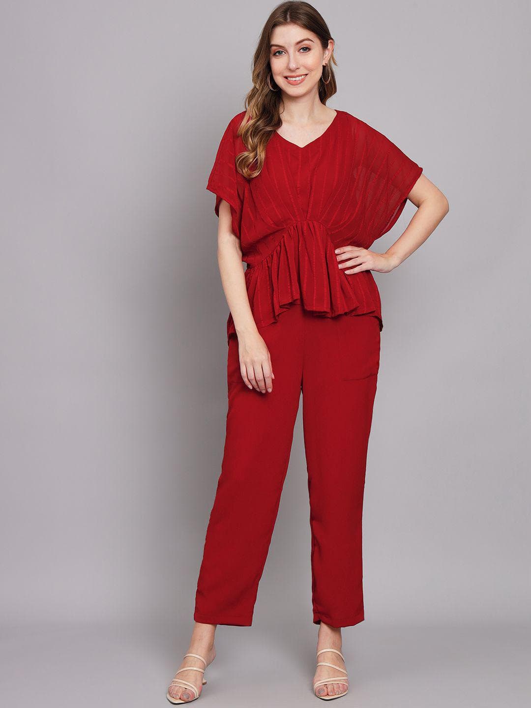 Buy Sangria V Neck Top With Trousers Co Ords - - Apparel for Women