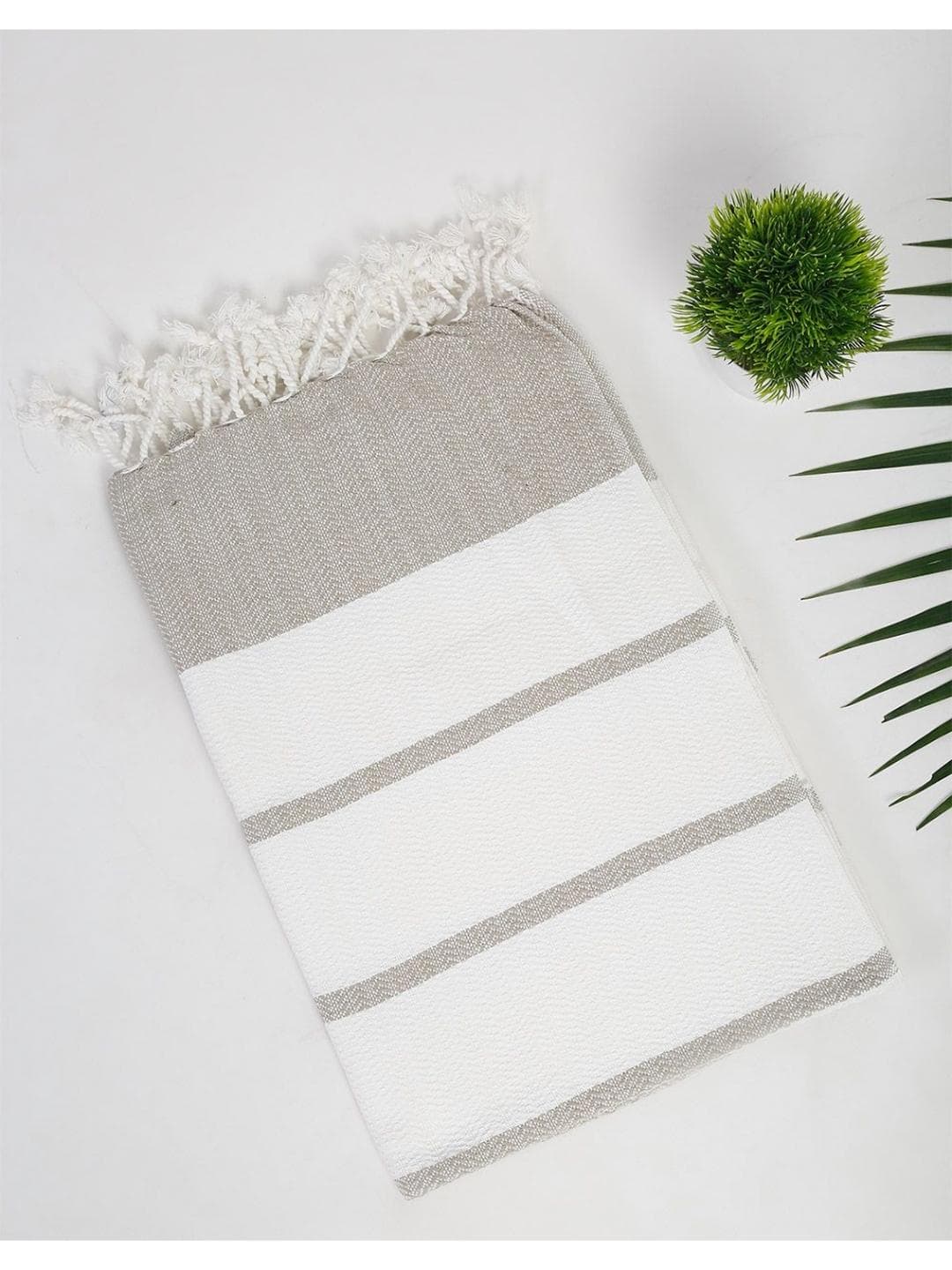 Fabindia Taupe Honeycomb Beige Striped Cotton 233GSM Super Soft Adult Regular Bath Towel