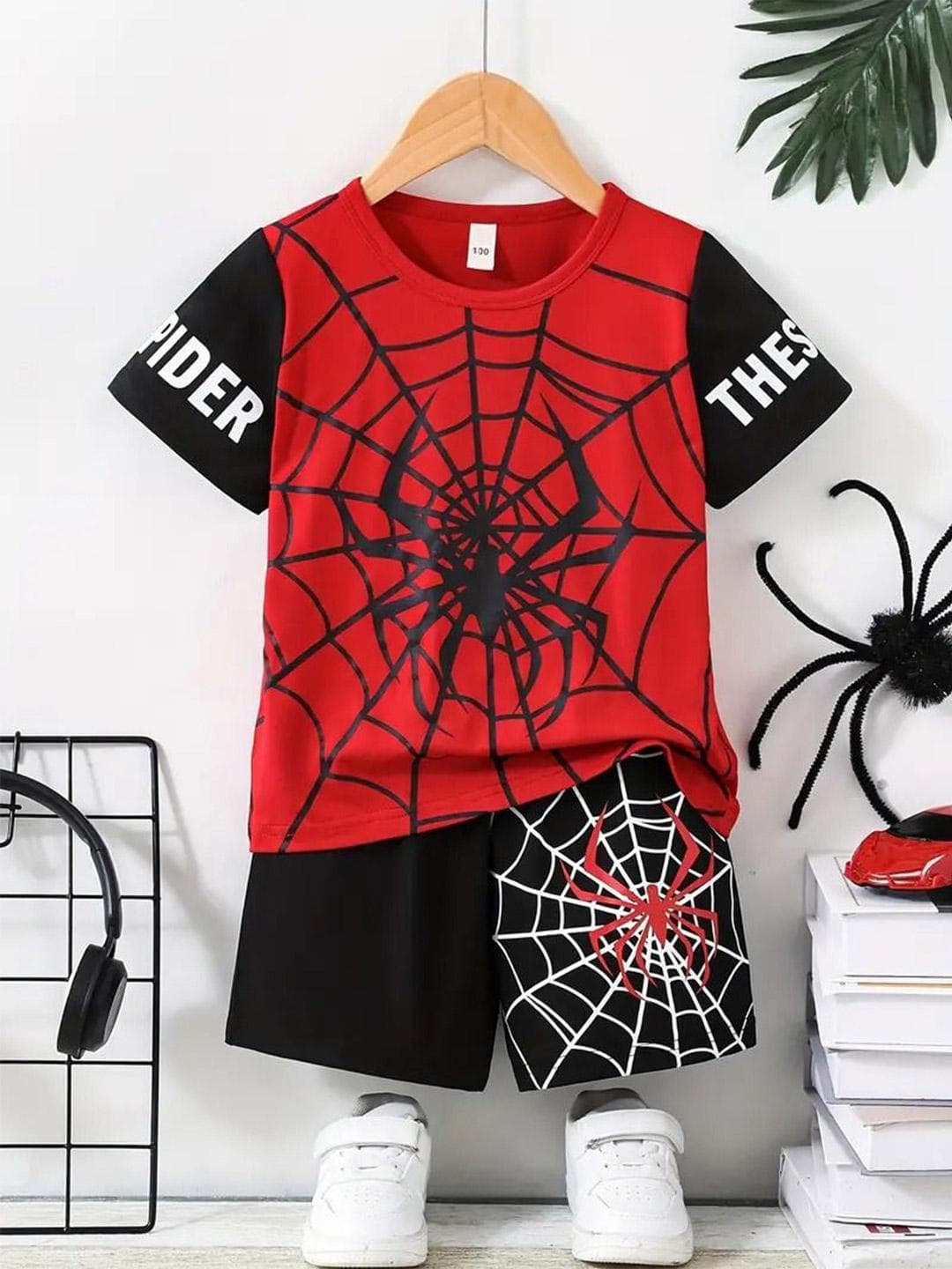 KEESOR Boys Spider-Man Printed Round Neck T-shirt With Shorts Cotton Clothing Set