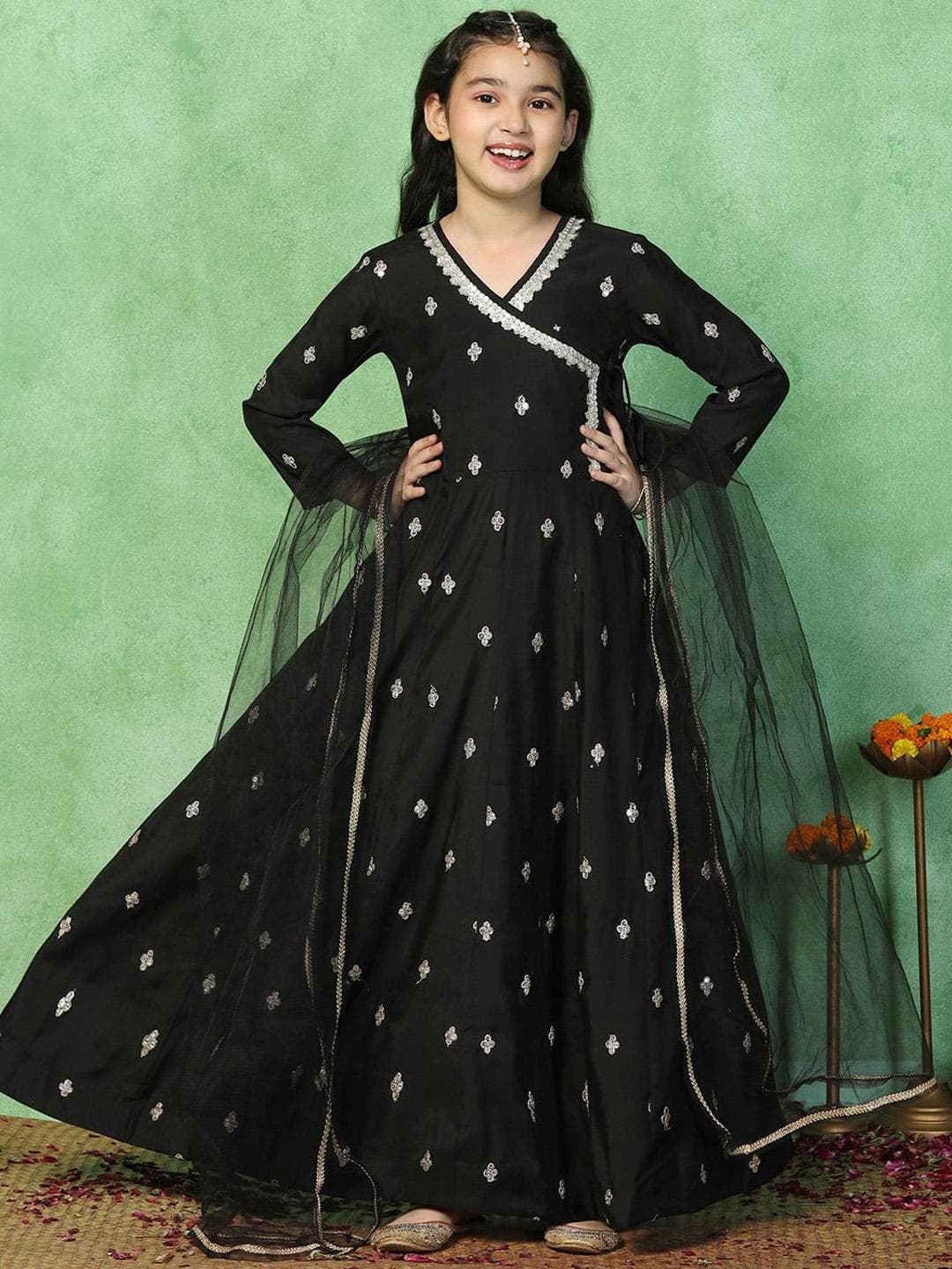 Buy BAESD Girls Embroidered V Neck Fit & Flare Maxi Dress With Dupatta - - Apparel for Girls
