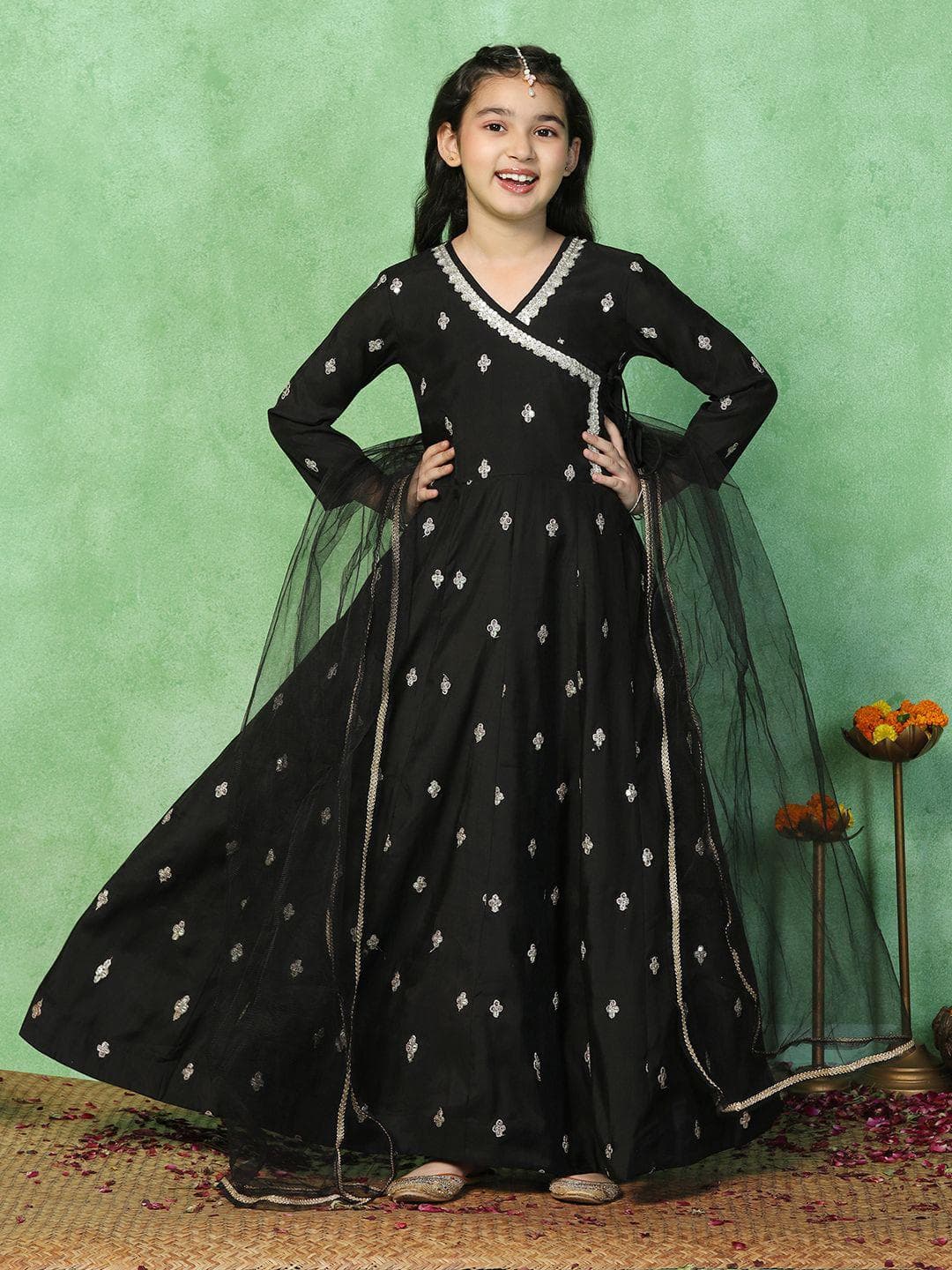 Sangria Girls Embroidered Maxi Dress With Dupatta