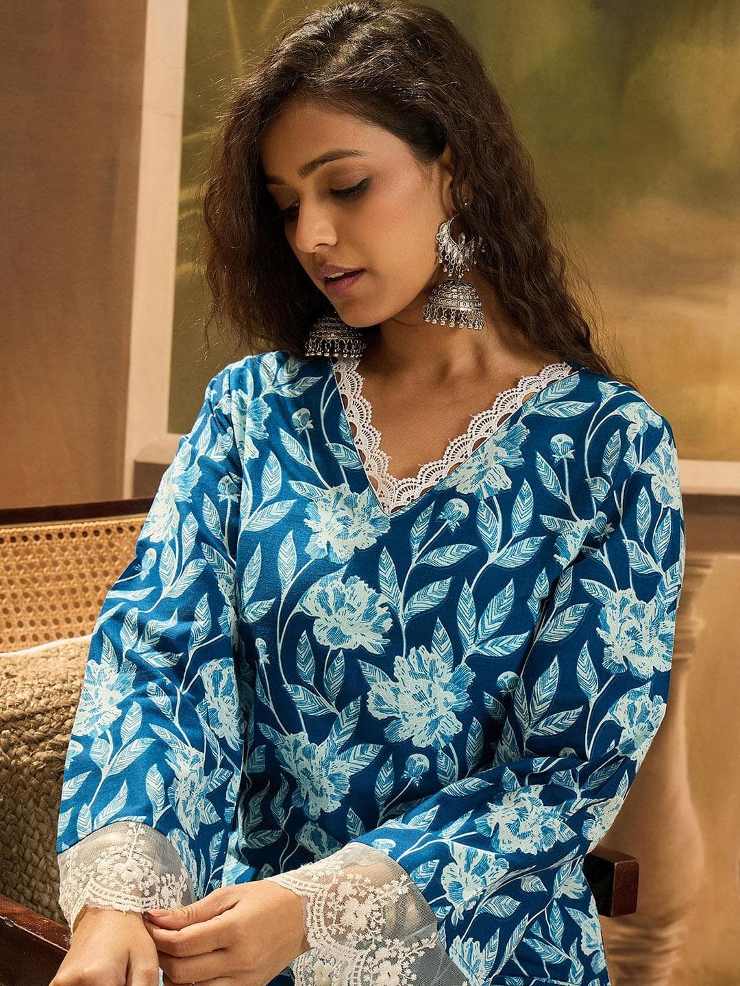 Sangria Floral Printed 100% Cotton Straight Kurta