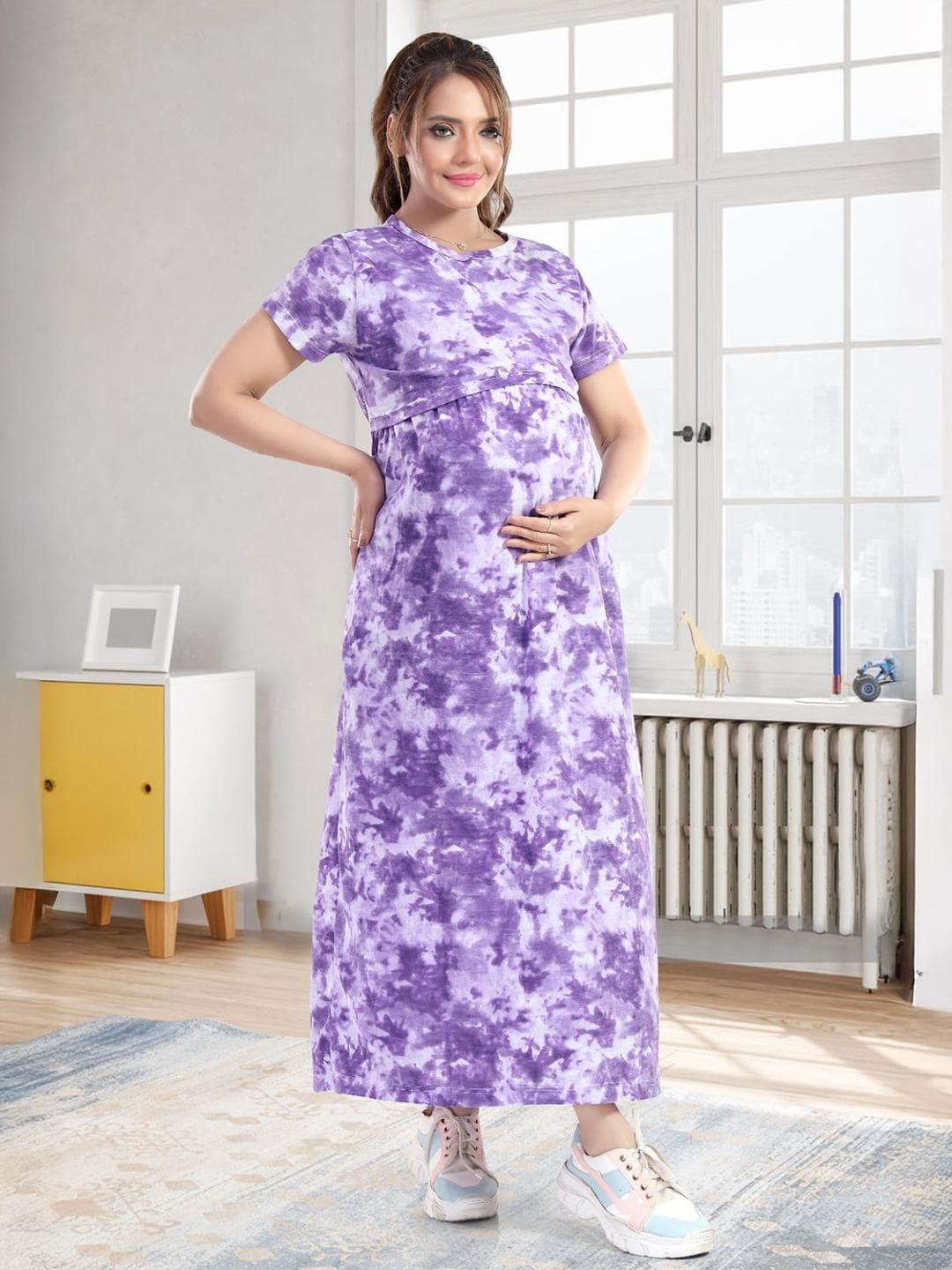 MomsBae Tie and Dye Printed Maternity Feeding Nightdress