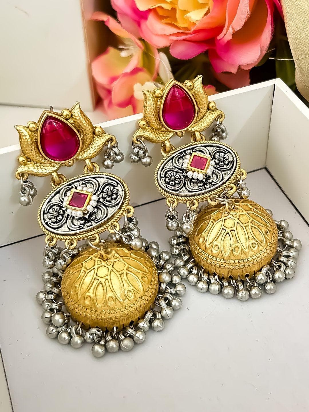 Zeviel Gold-Plated Artificial Stones & Ghungroo Beaded Oxidised Dome Shaped Jhumkas