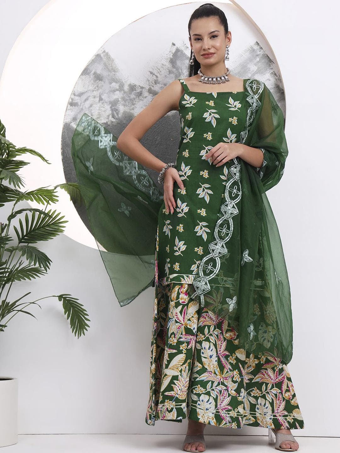 Yufta Women Floral Embroidered Cotton Kurta with Palazzos & Dupatta
