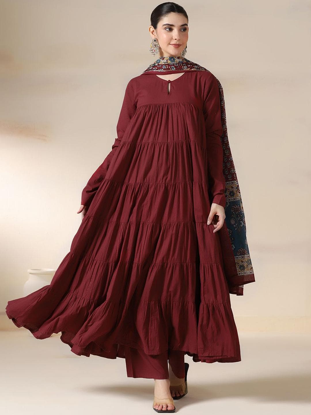 Mizaz Women Solid Cotton Anarkali Kurta with Trousers & Dupatta