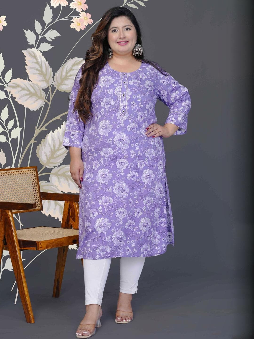 MEHKFAB Women Purple Plus Size Floral Printed Straight Kurta
