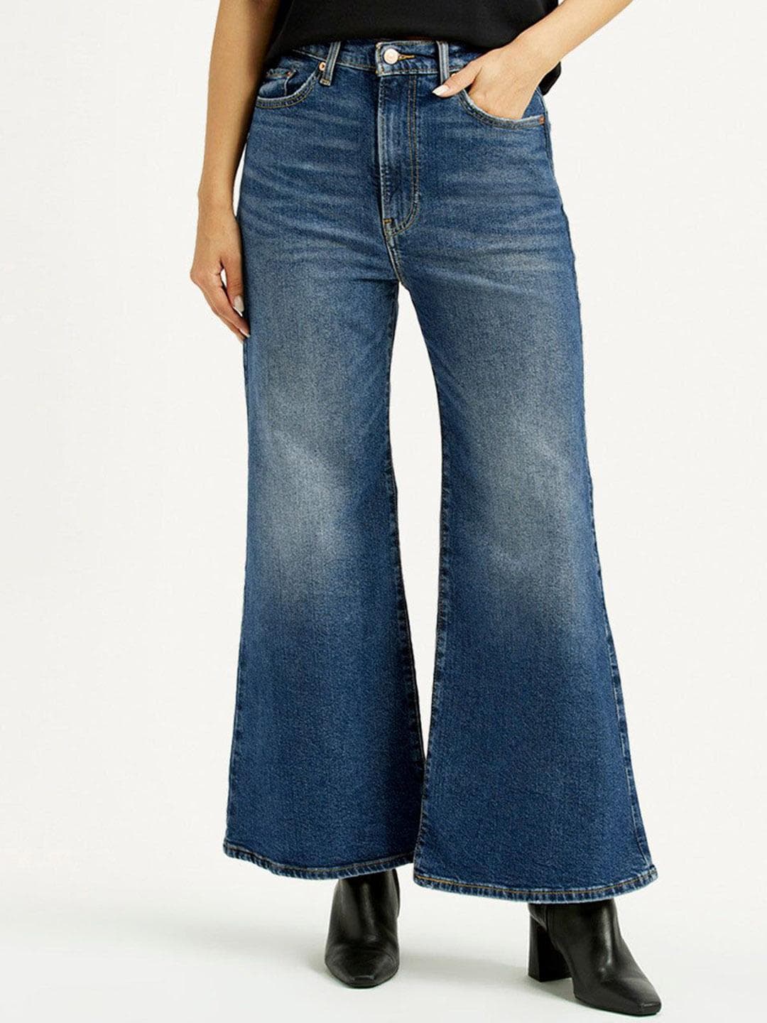 Levis Women's Blue Ribcage Bell Bottom Wide Leg Fit Mid Rise Jeans
