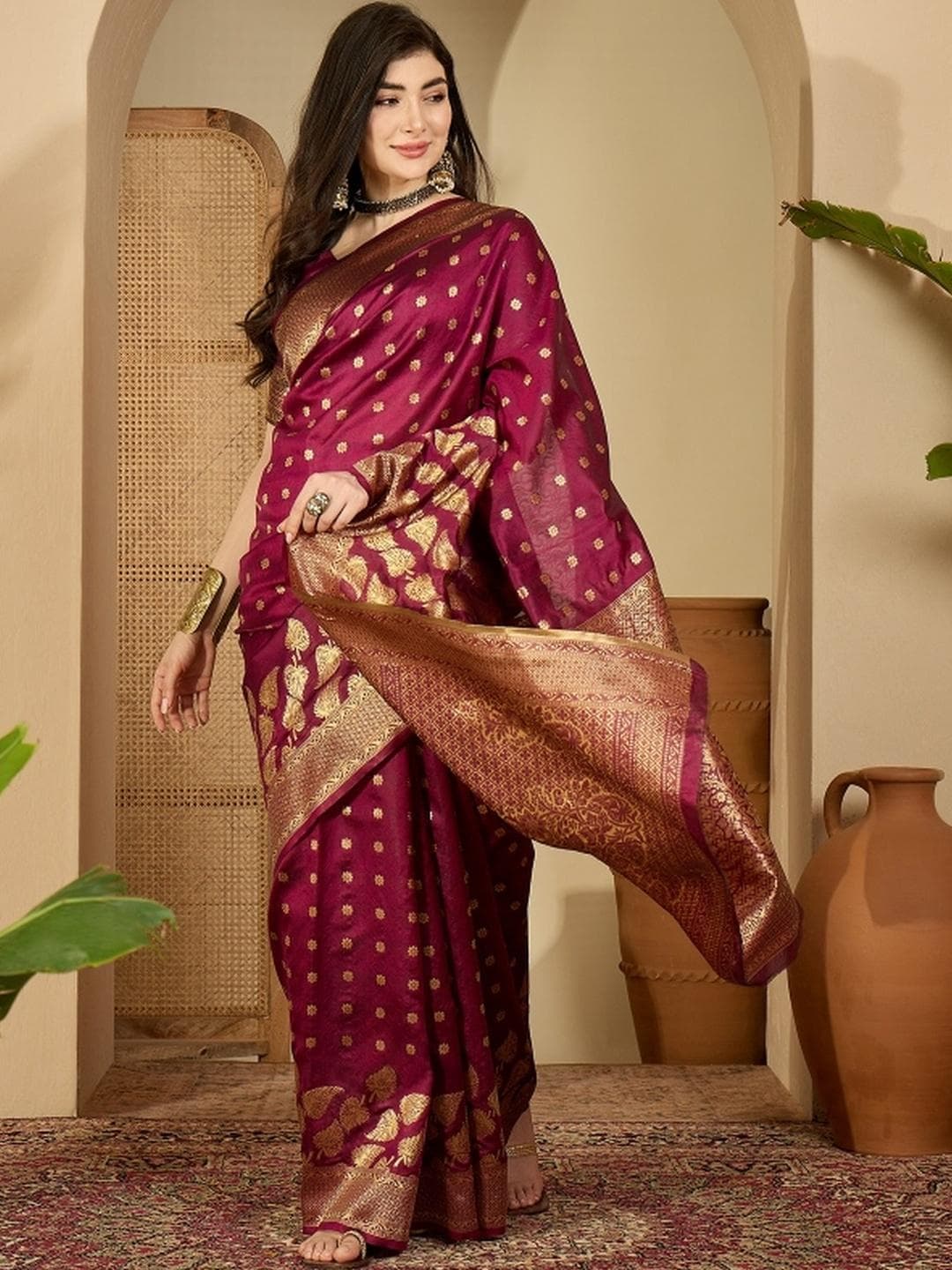 Sangria Purple Silk Blend Woven Design Sarees
