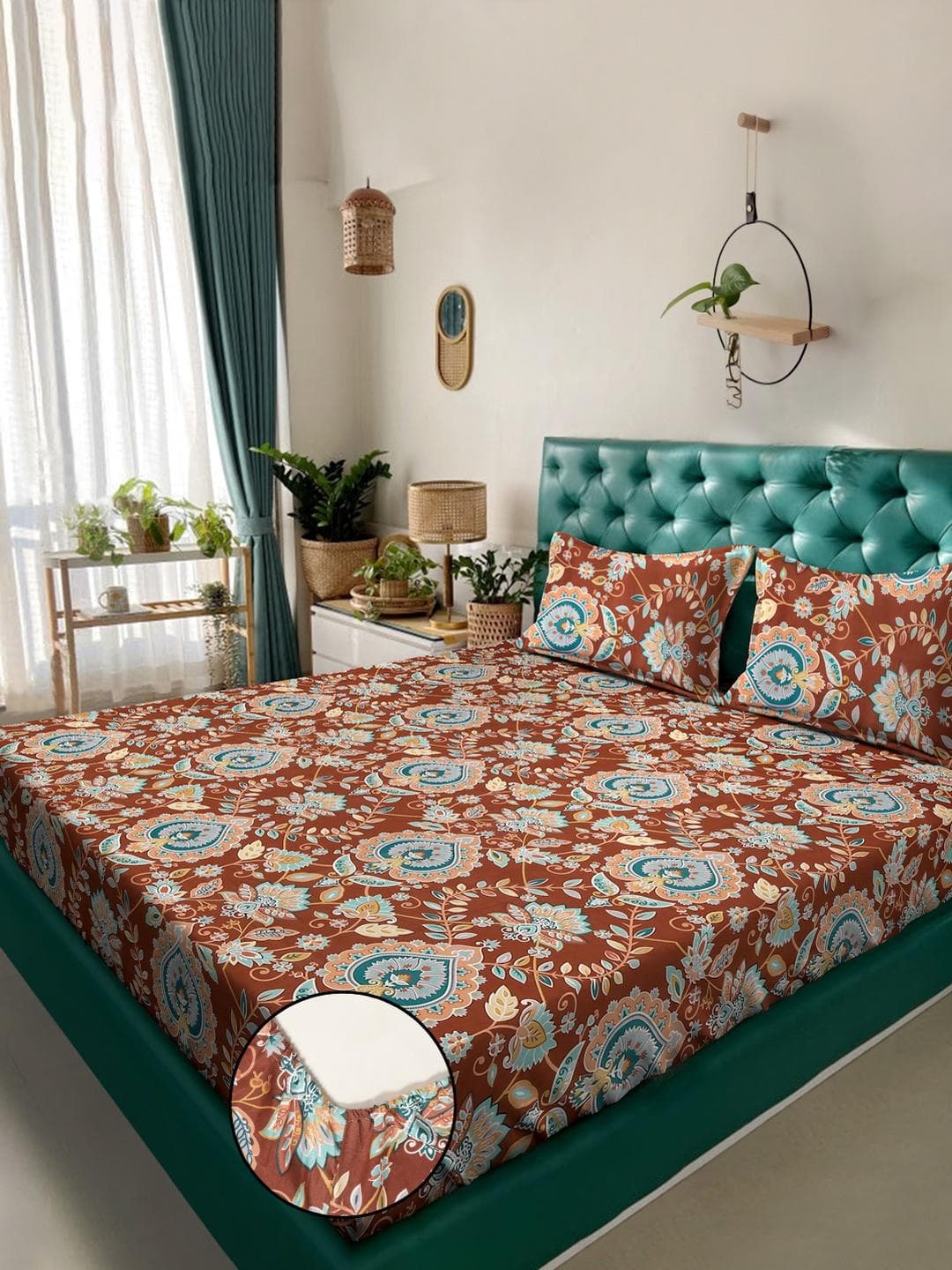 KLOTTHE Rust Ethnic Printed Fitted 300 TC Cotton Blend King Bedsheet With 2 Pillow Covers