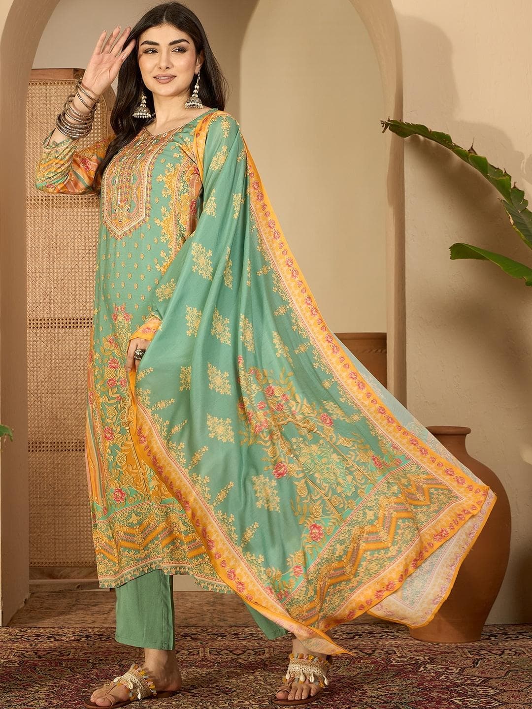 Sangria Women Printed Cotton Silk Kurta Sets With Dupatta