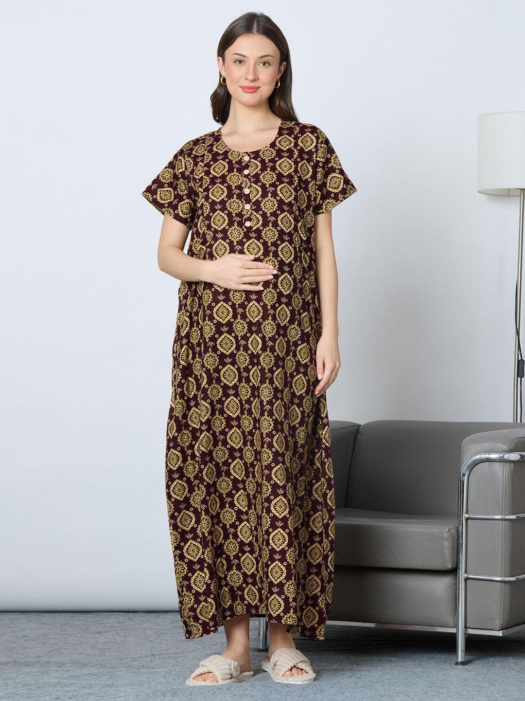 MomToBe Women Printed Maternity Maxi Nightdress
