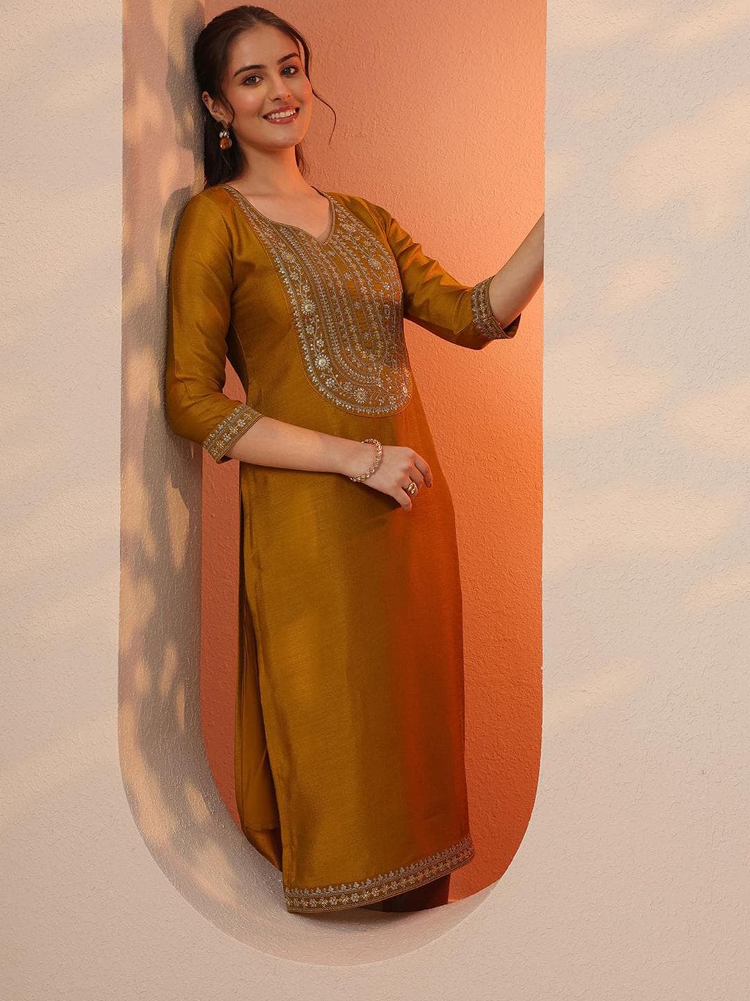 Libas Floral Yoke Design V-Neck Straight Kurta