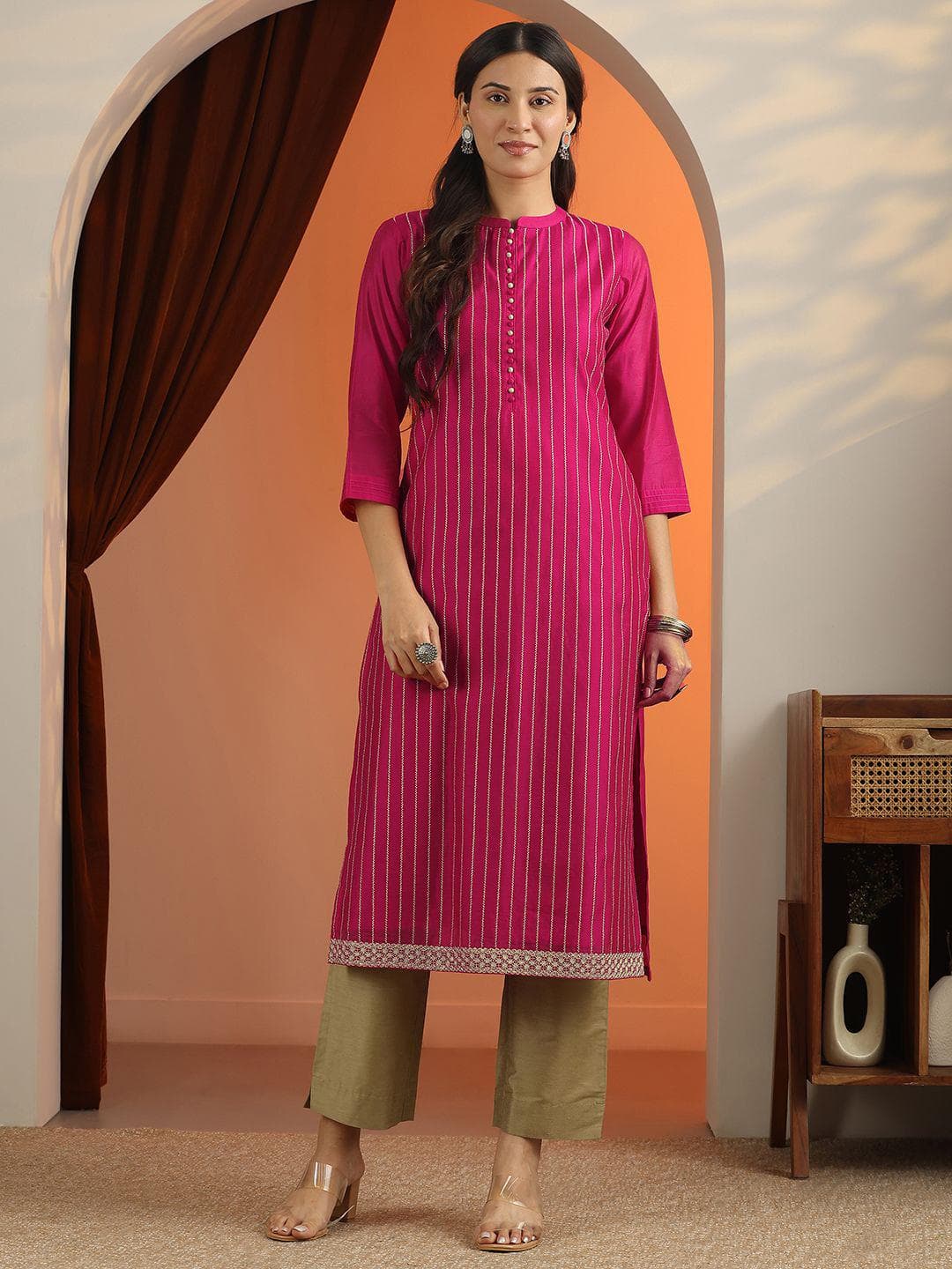 Libas Striped Mandarin Collar Silk Gotta Patti Woven Design Straight Kurta