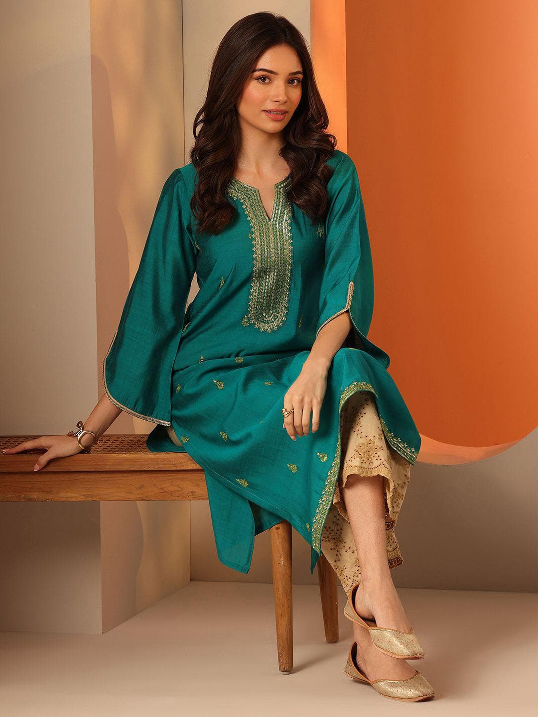 Libas Women Ethnic Motifs Embroidered Fusion Silk Straight Kurta