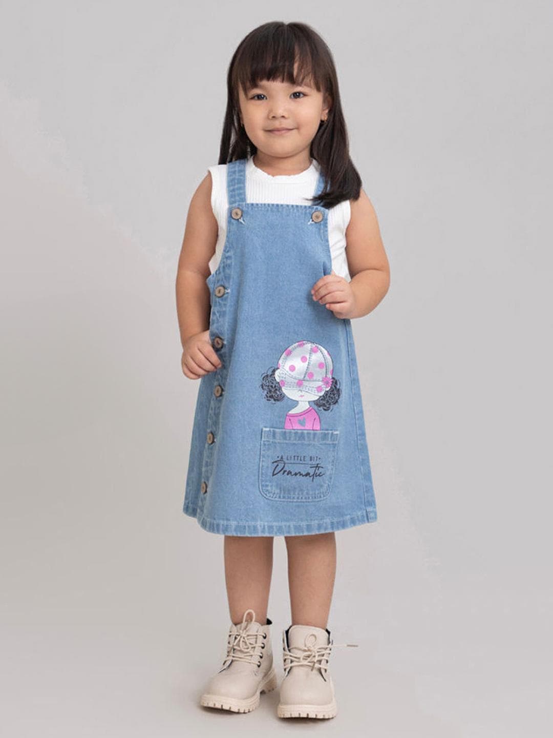 Hopscotch Girls Blue Print Denim Pinafore Dress