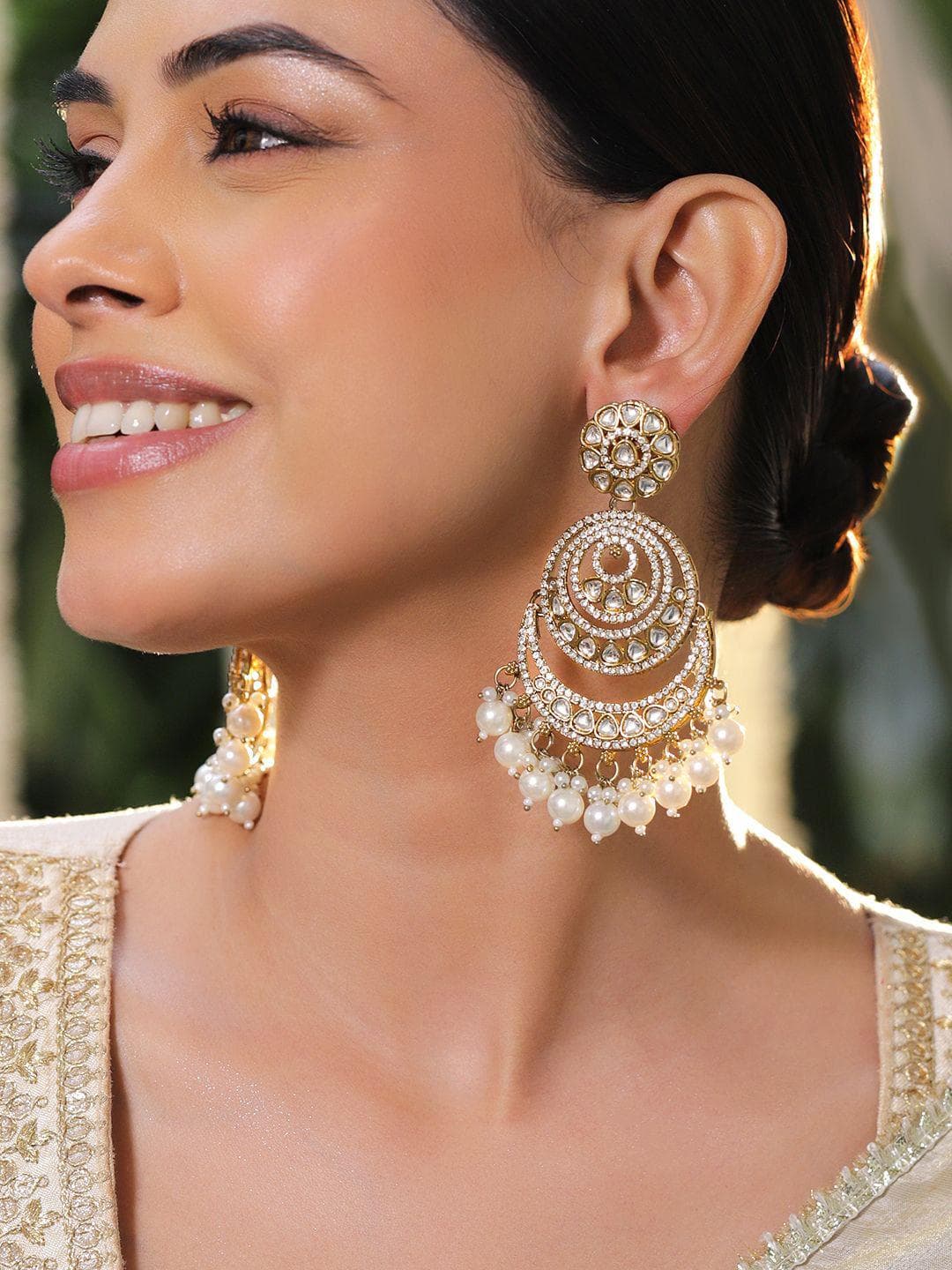 Rubans 18K Gold-Plated Kundan, Zirconia & White Pearl Beaded Long Chandbali Earrings