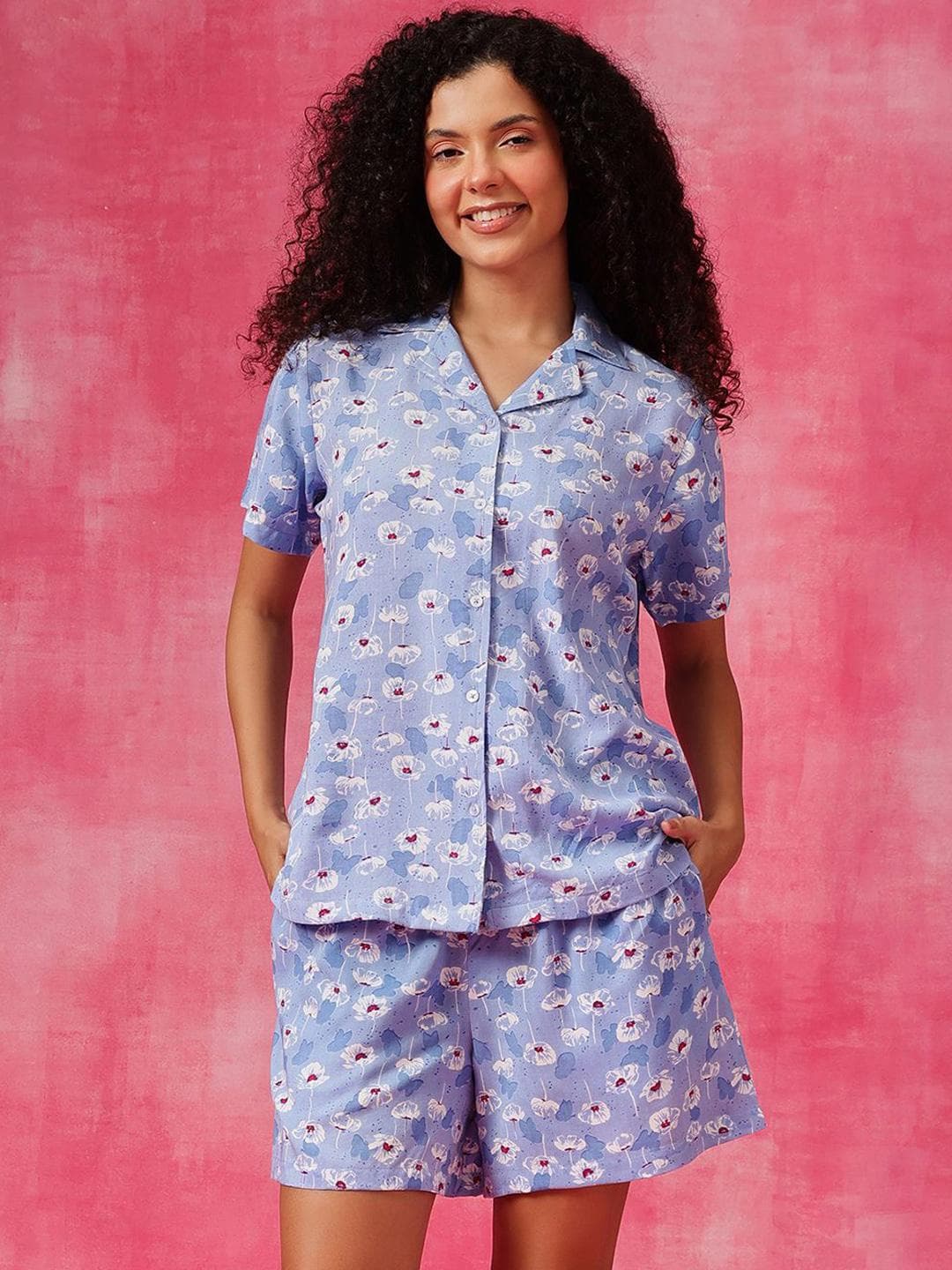 Clovia Women Floral Printed Lapel Collar Shirt & Shorts