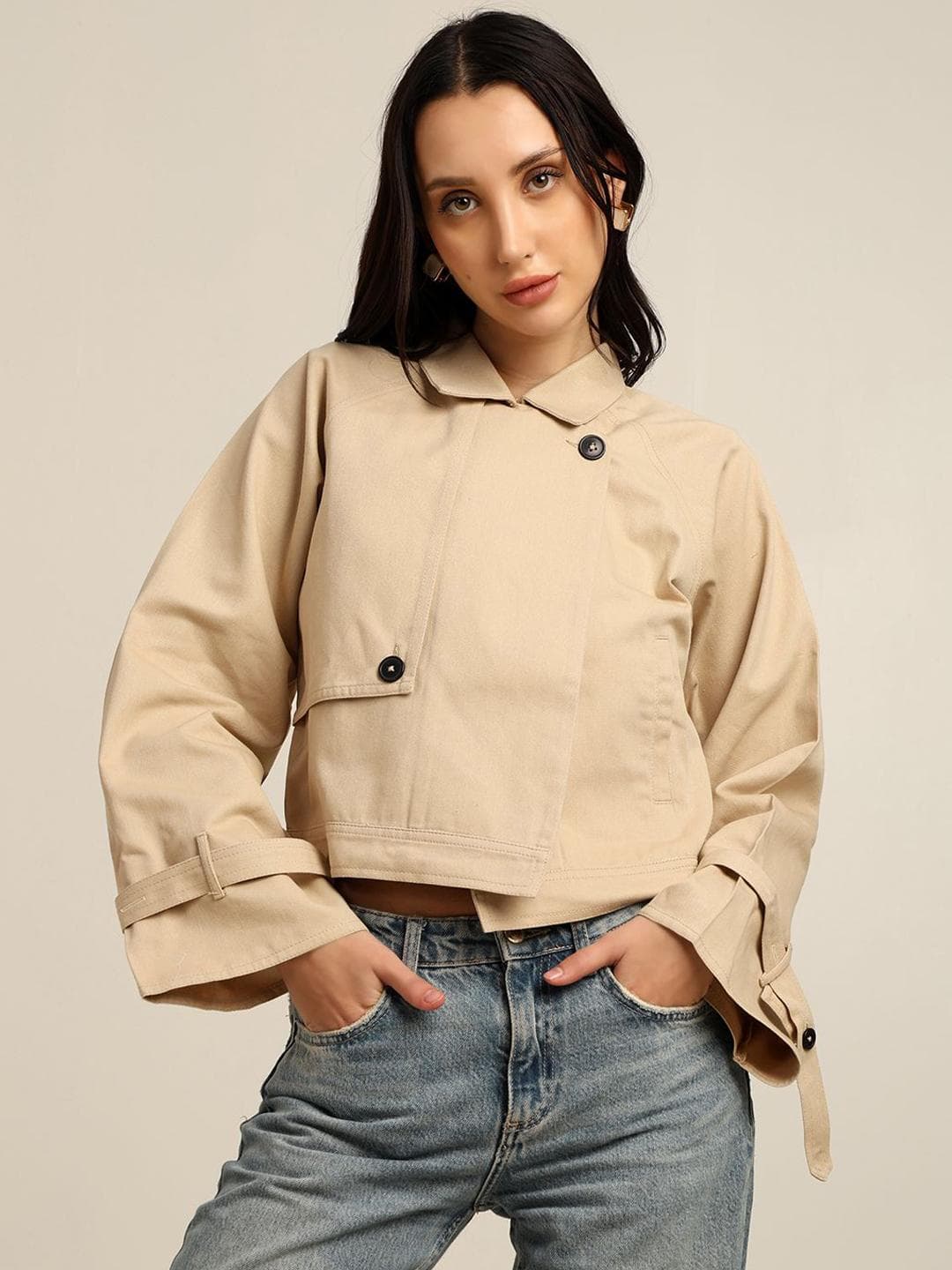 7OUNCE Women Spread Collar Solid Crop Tailored Jacket
