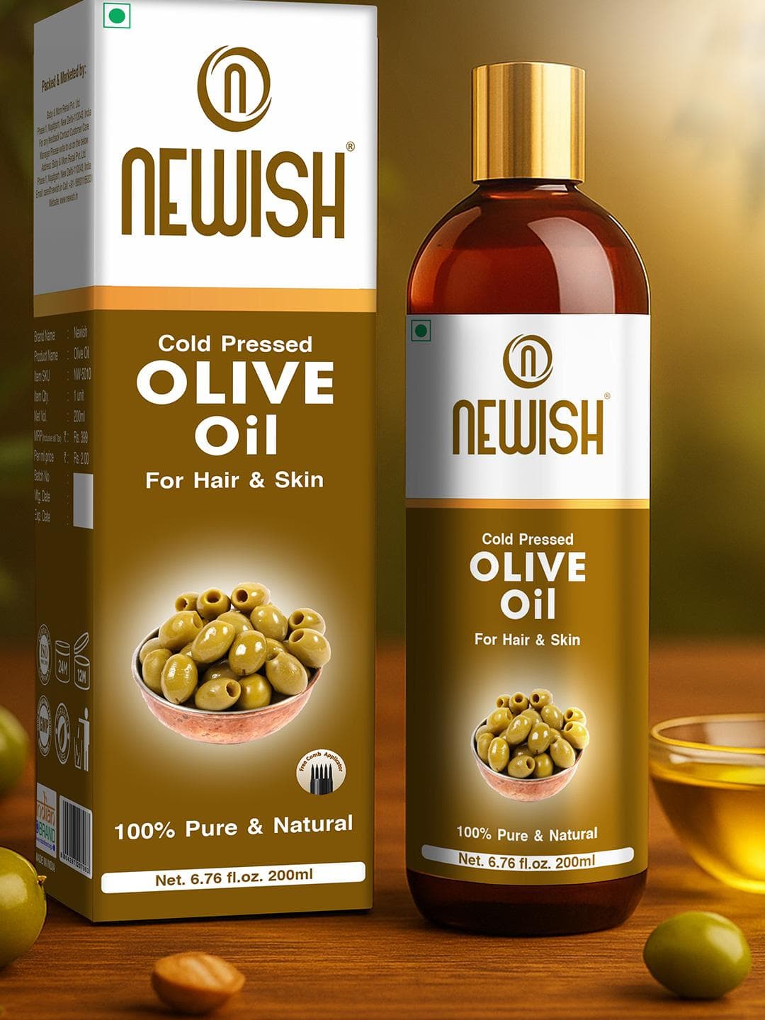 Newish Cold Pressed Non-Sticky Olive Oil for Dry Scalp & Skin - 200ml
