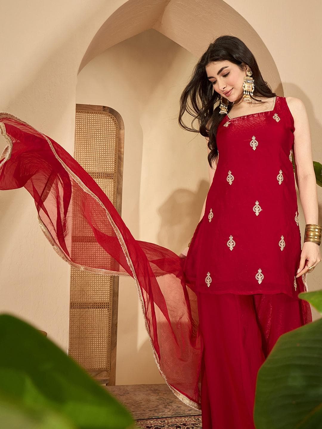 Sangria Women Silk Blend Embroidered Kurta Sets With Dupatta