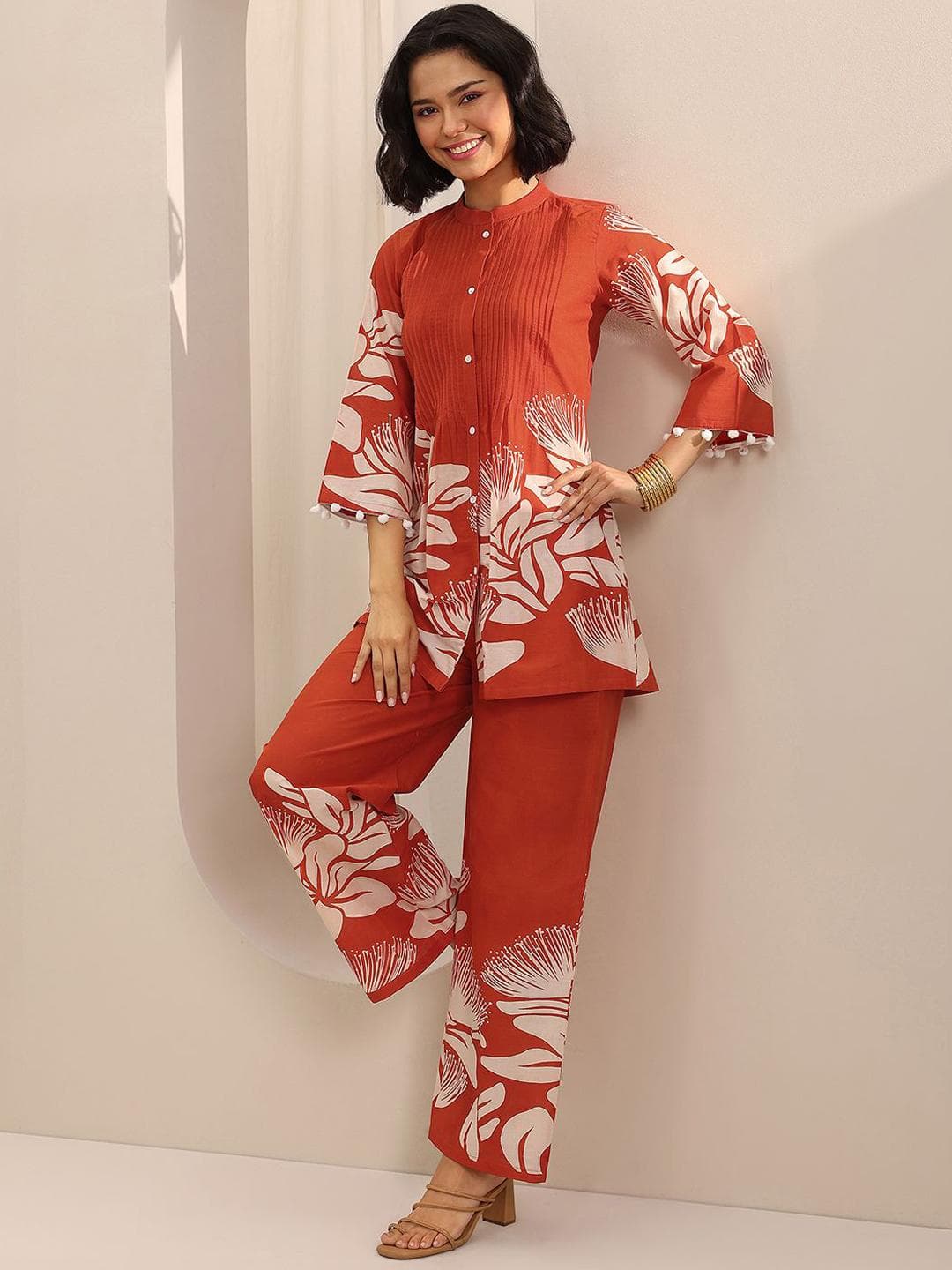 Buy Libas Women Floral Printed Mandarin Collar Tunic With Palazzos Co Ords - - Apparel for Women
