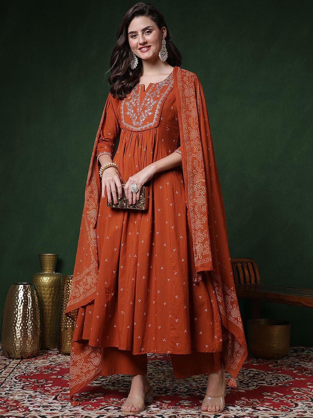 Sangria Women Ethnic Motifs Printed Pure Cotton Anarkali Kurta with Palazzo & Dupatta