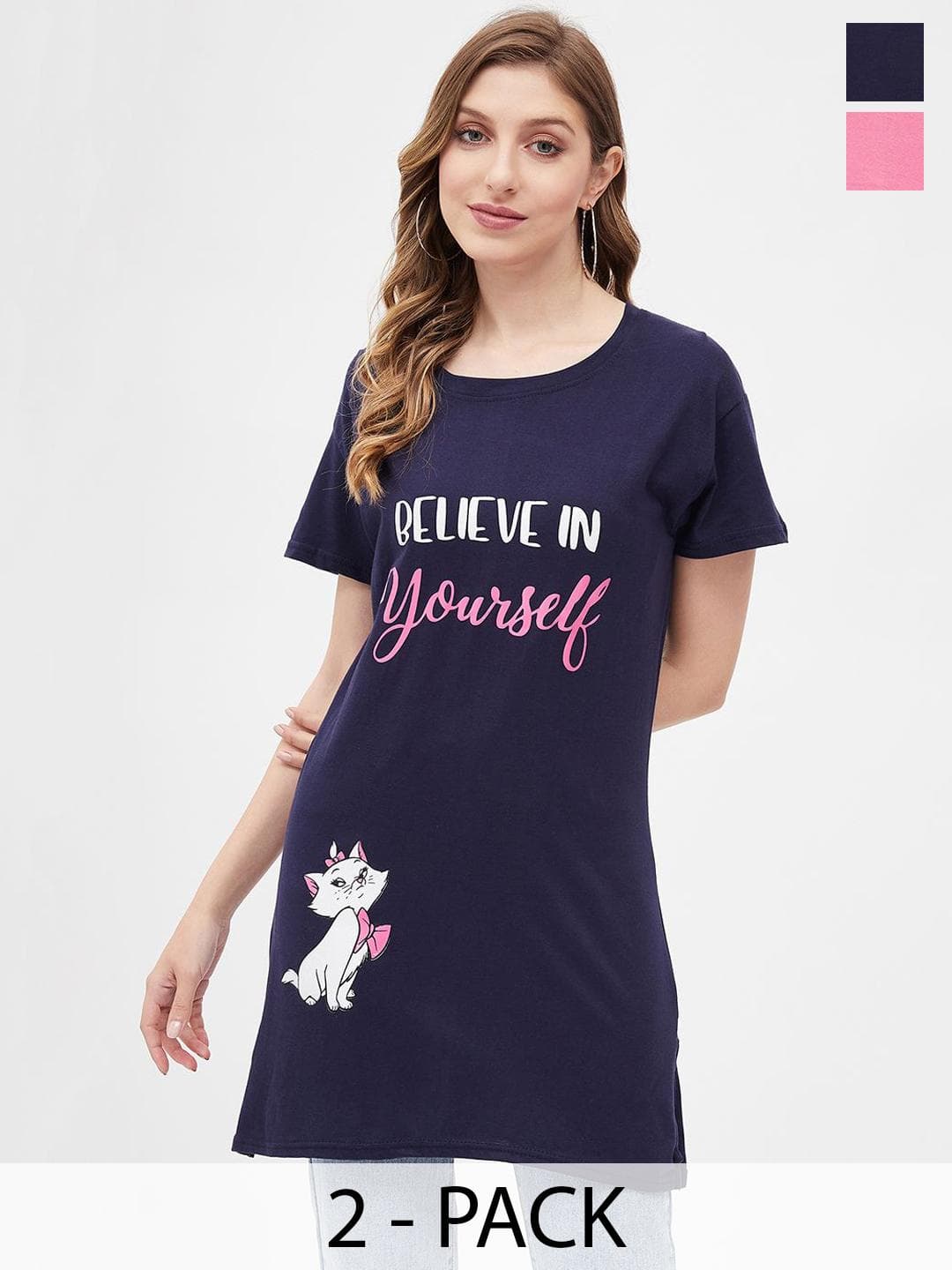 Christy World Women Pack Of 2 Printed Round Neck Long Lounge T-Shirts