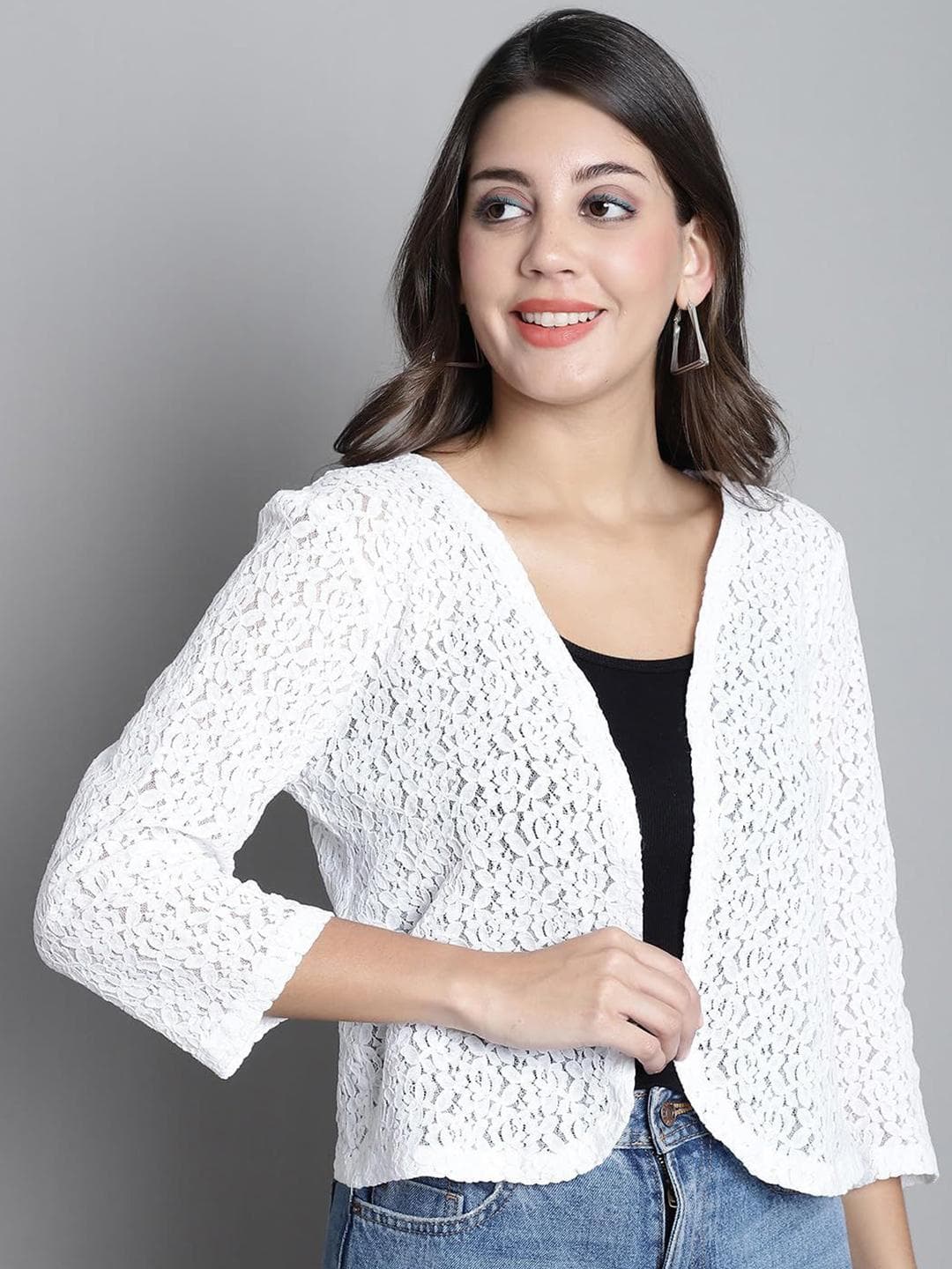 SZN Floral Self Design Cotton Open Front Shrug
