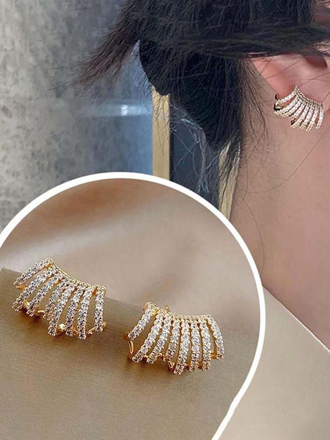 GOLDIWALA Korean Gold-Plated Cubic Zirconia Studded Contemporary Shaped Studs