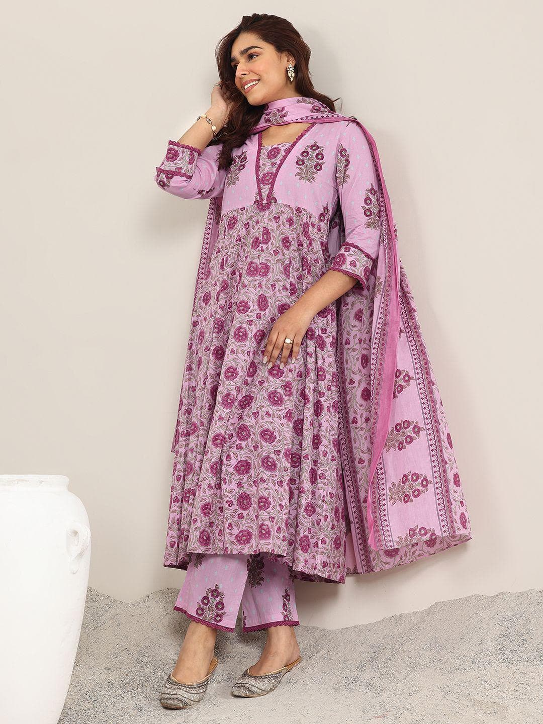 Libas Women Floral Printed Anarkali Kurta with Trousers & Dupatta