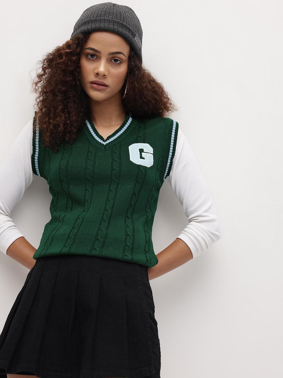 The Roadster Lifestyle Co. Cable Knit Varsity Sweater Vest with Applique Detail