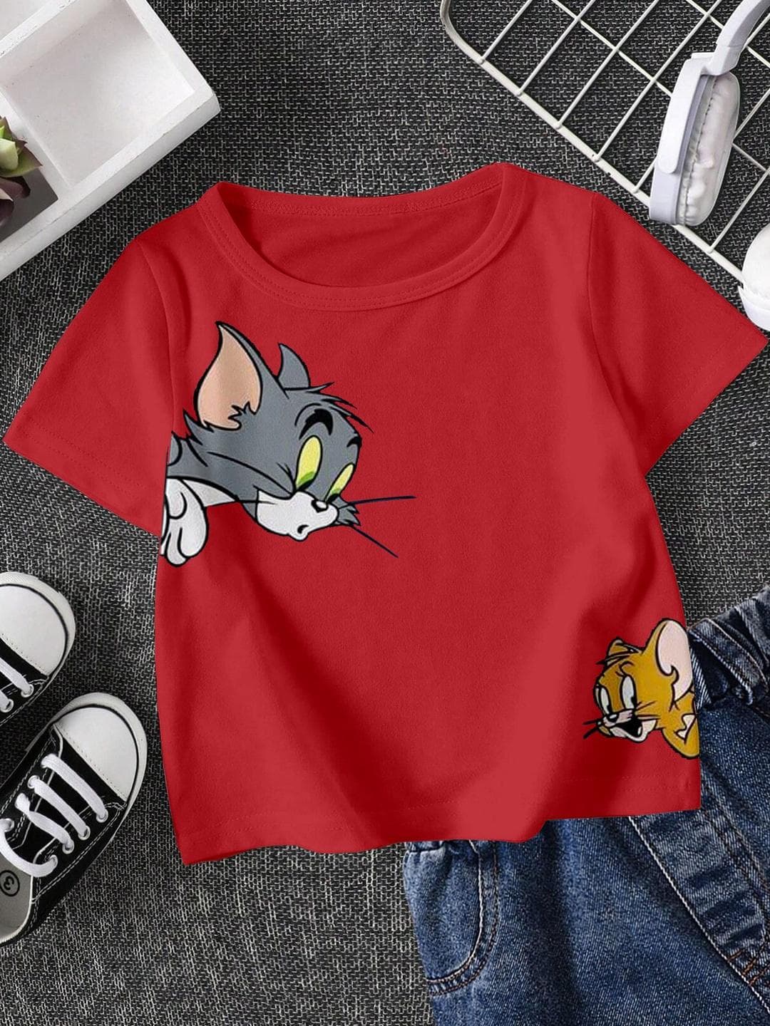 FIONAA TRENDZ Kids Unisex Red Pure Cotton Tom & Jerry Printed T-shirt